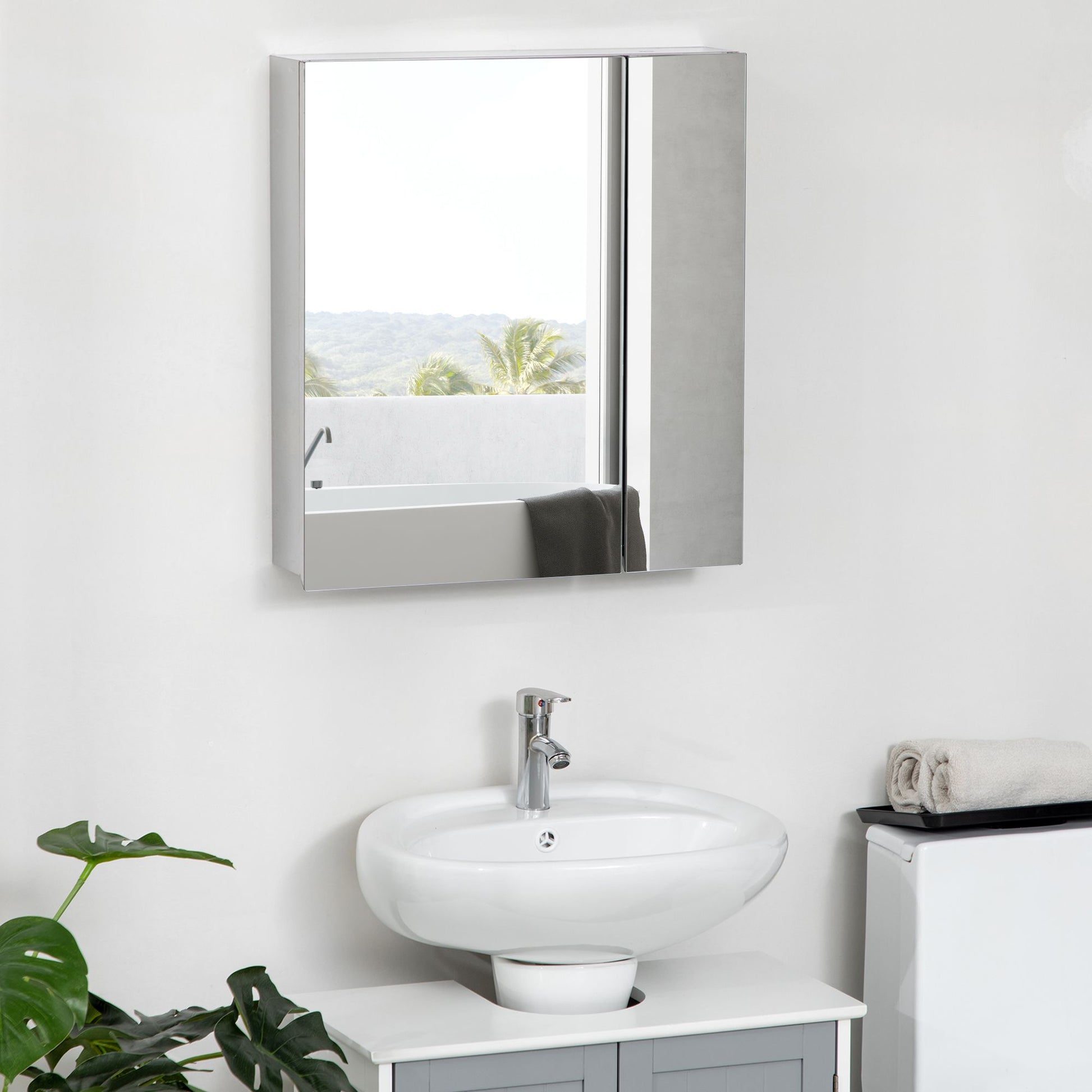 Kleankin Mirrored Bathroom Medicine Cabinet with 3-Tier Storage, Silver