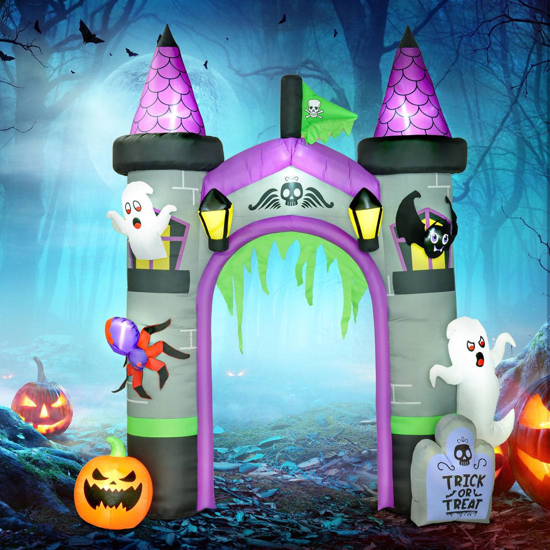 12ft Large Inflatable Halloween Archway with Ghost, Pumpkin, Spider and Bat