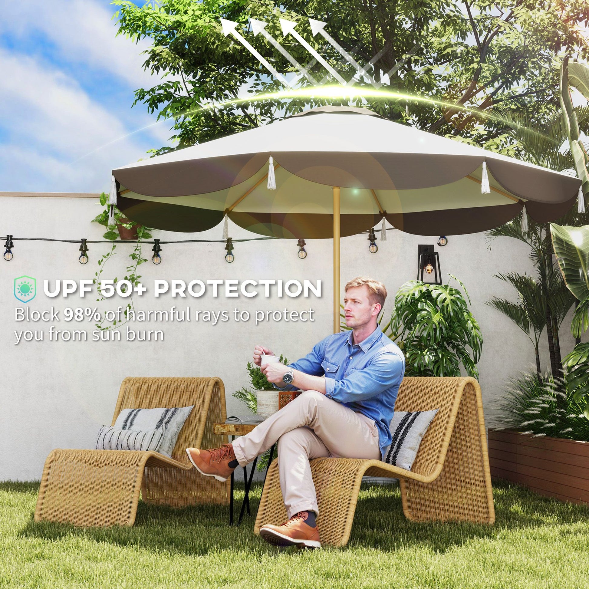 Outsunny 9 ft Vented Market Patio Umbrella with UPF 50+, Cream White