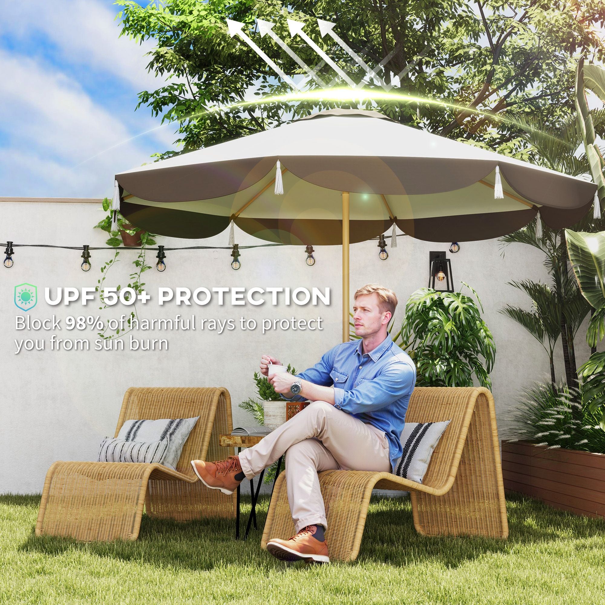 Outsunny 9 ft Vented Market Patio Umbrella with UPF 50+, Cream White