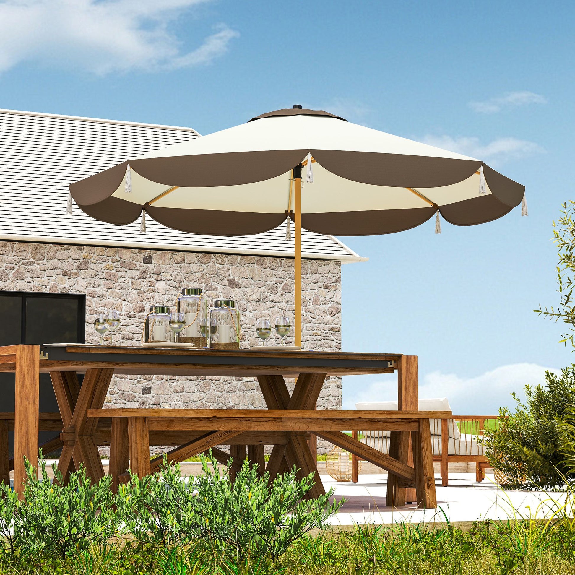 Outsunny 9 ft Vented Market Patio Umbrella with UPF 50+, Cream White