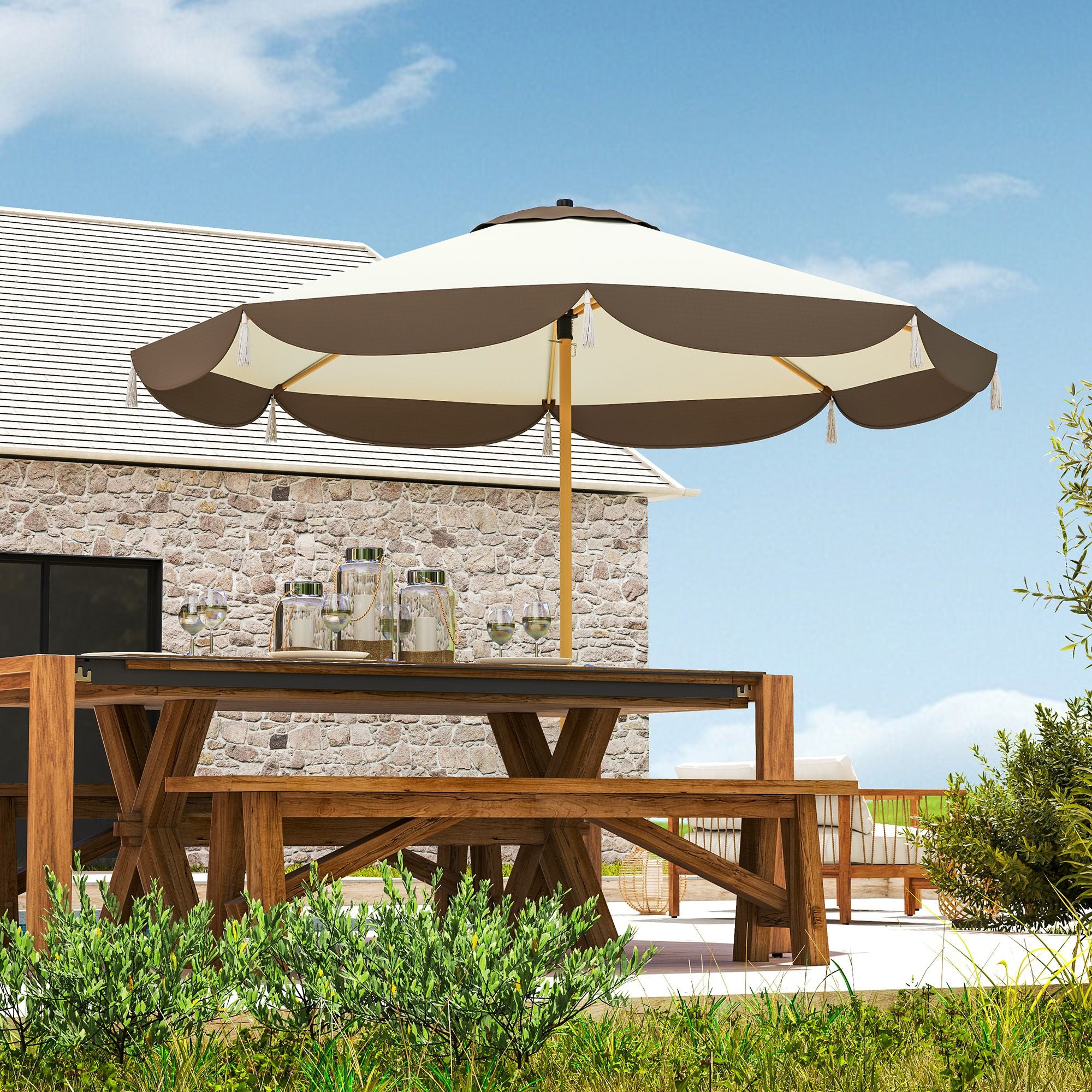 Outsunny 9 ft Vented Market Patio Umbrella with UPF 50+, Cream White