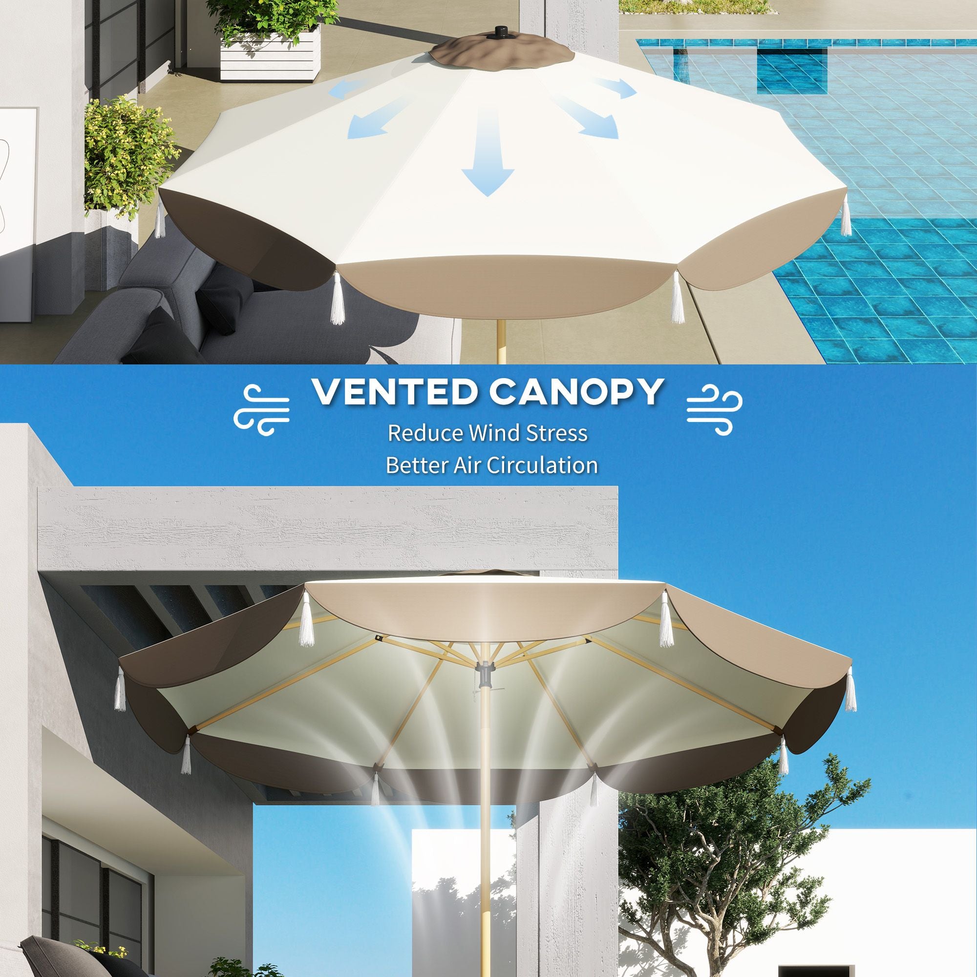Outsunny 9 ft Vented Market Patio Umbrella with UPF 50+, Cream White