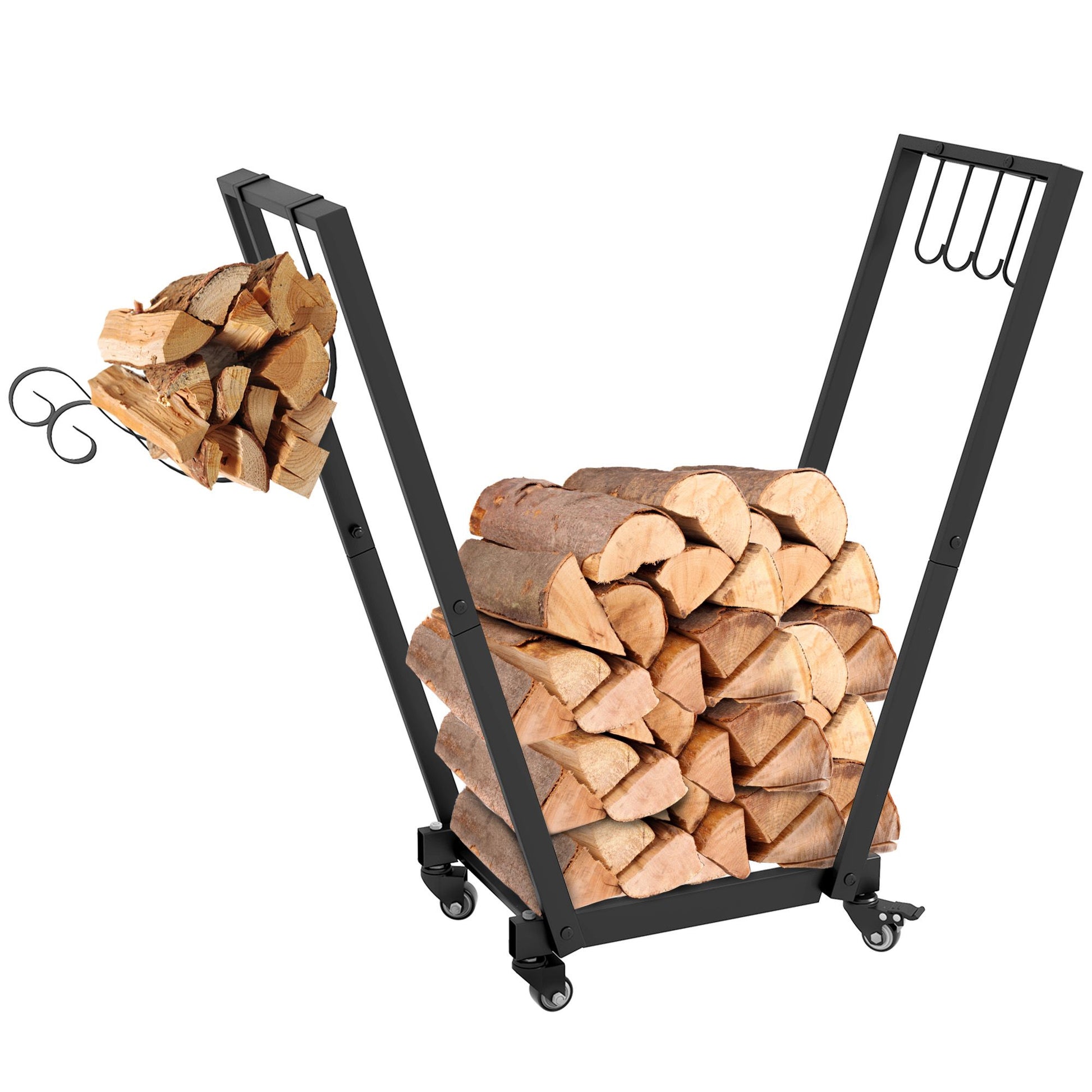 Outsunny Rolling Firewood Rack with Kindling Shelf and Tool Hooks, Black