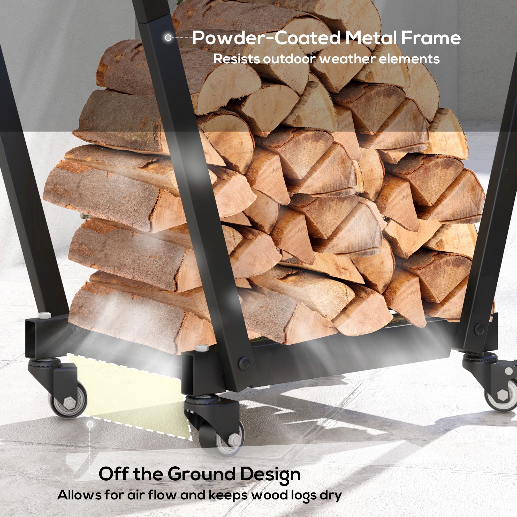 Outsunny Rolling Firewood Rack with Kindling Shelf and Tool Hooks, Black