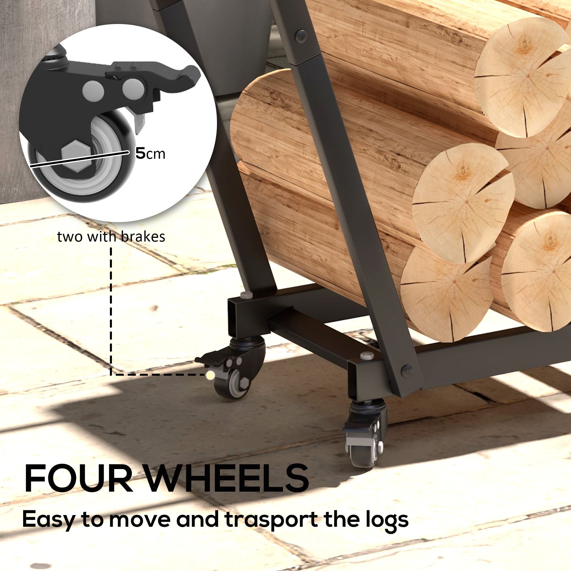 Outsunny Rolling Firewood Rack with Kindling Shelf and Tool Hooks, Black