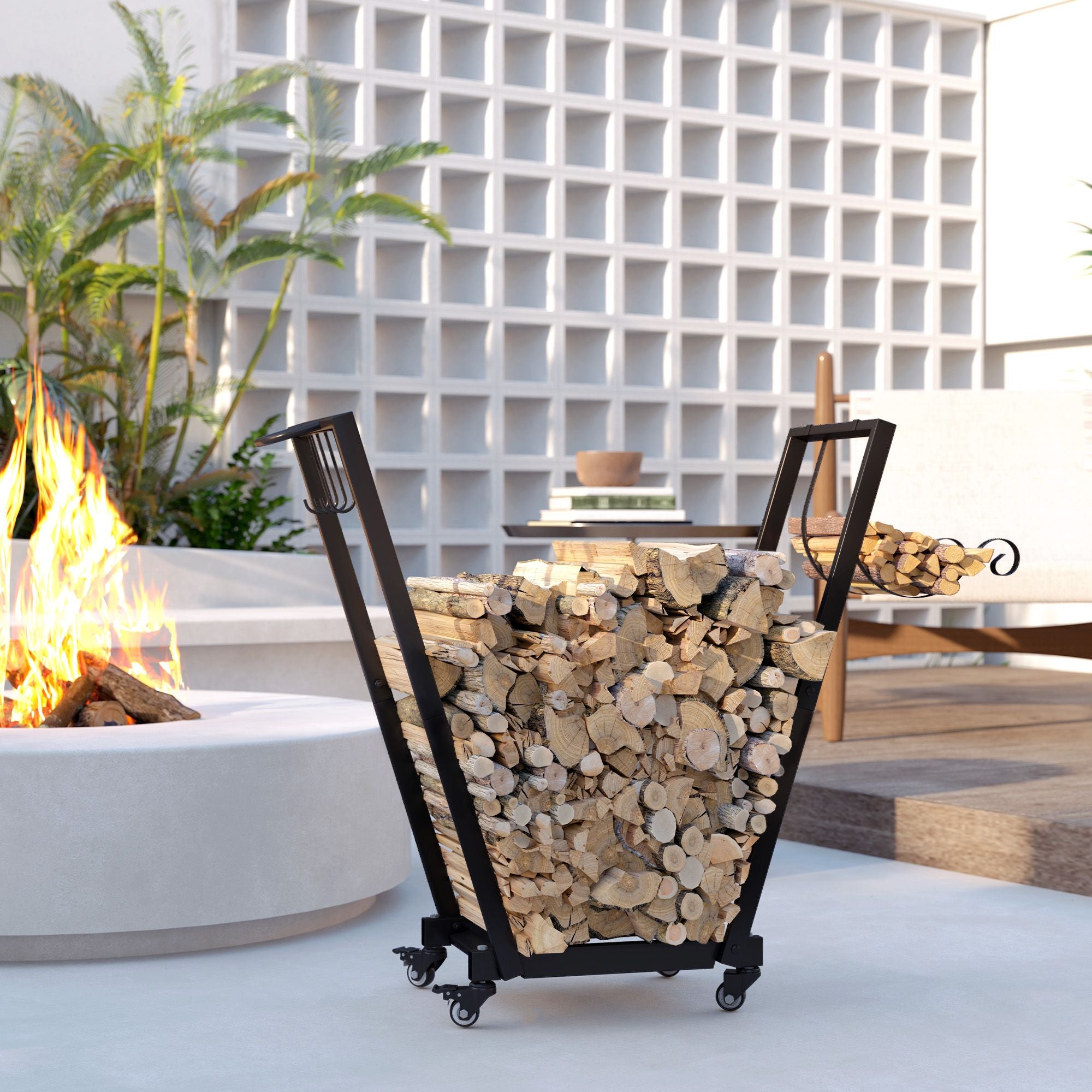 Outsunny Rolling Firewood Rack with Kindling Shelf and Tool Hooks, Black