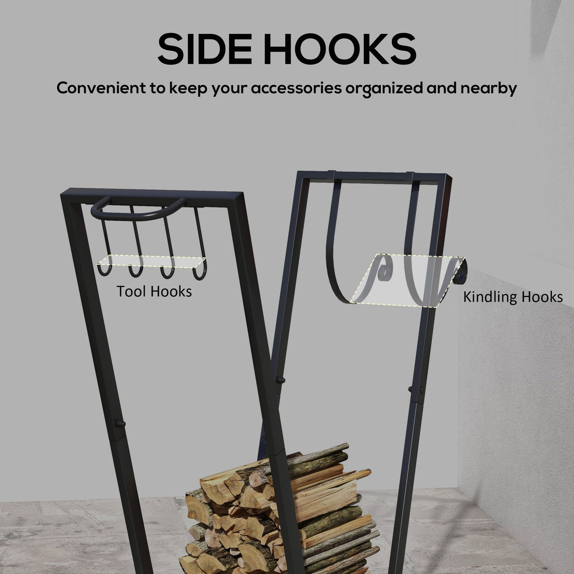 Outsunny Rolling Firewood Rack with Kindling Shelf and Tool Hooks, Black