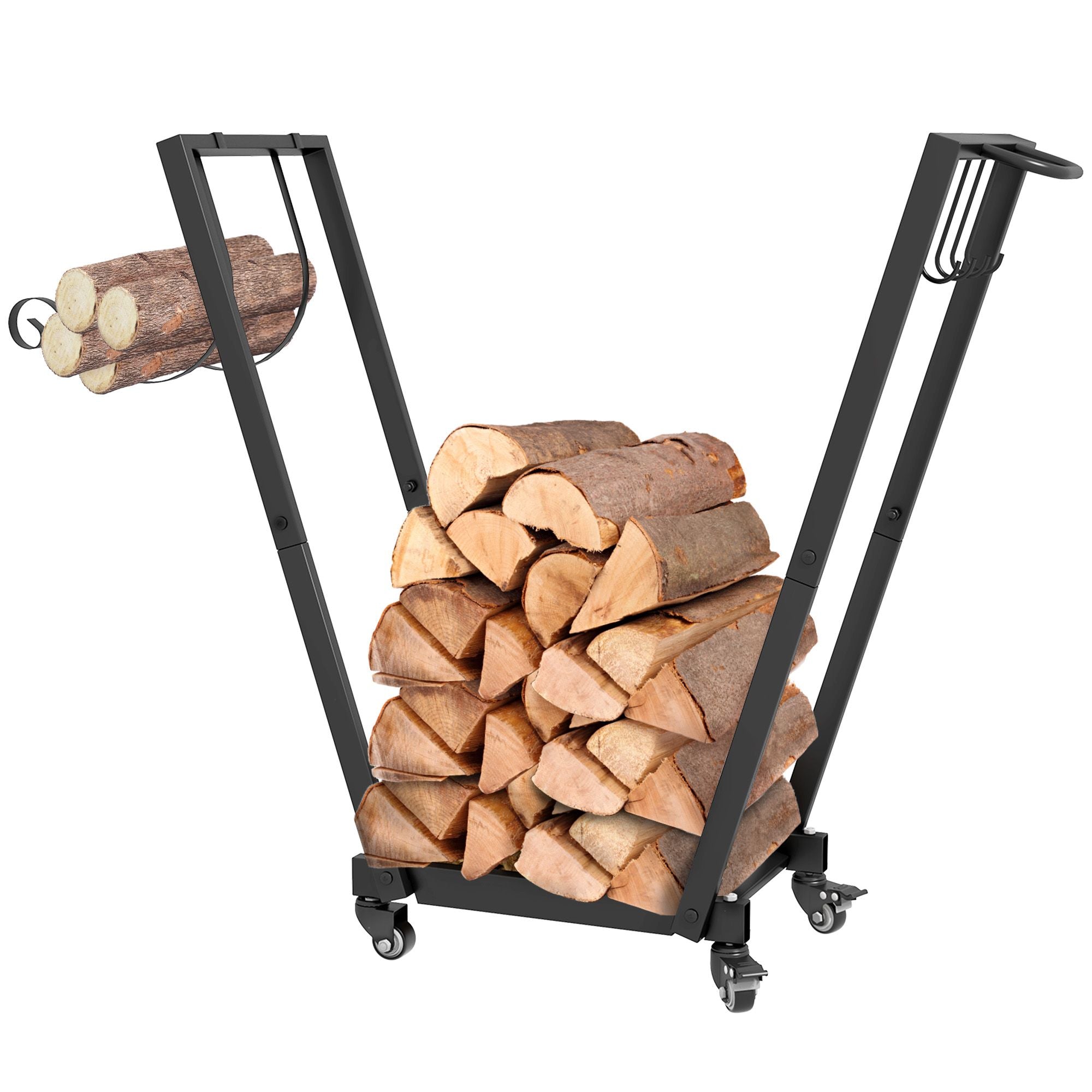 Outsunny Rolling Firewood Rack with Kindling Shelf and Tool Hooks, Black