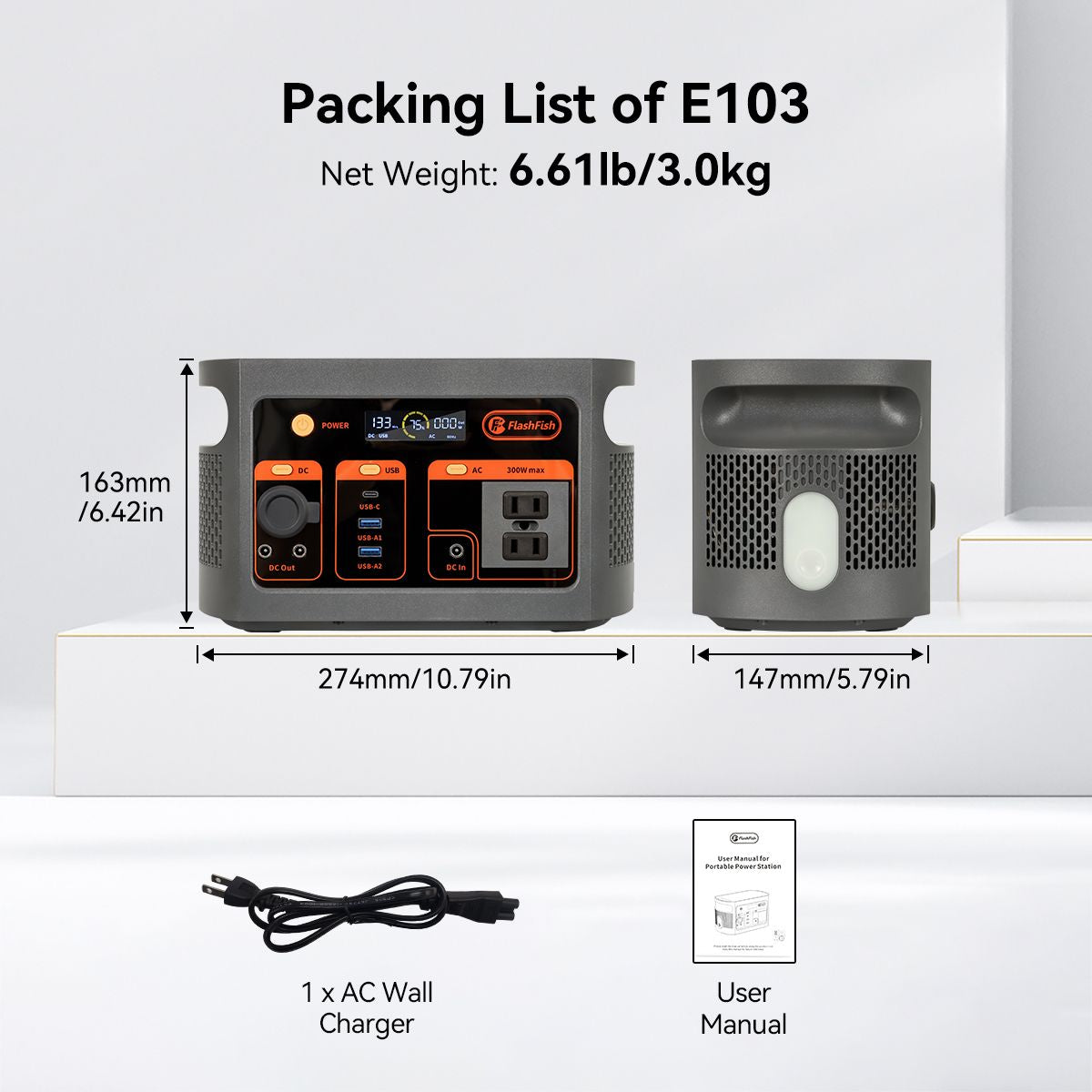 FF Flashfish E103 300W Portable Power Station, 179.2Wh LiFePO4 Battery Pack, Solar Generator with 300W (600W Surge) AC Outlets, Backup Power For Home - product view 3