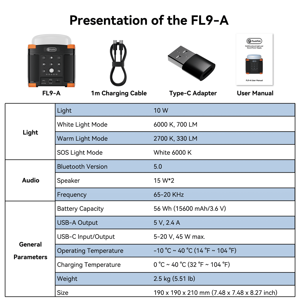 Flashfish FL9-A Multi-function Bluetooth Speaker | 56Wh Power Bank | Camping Light, 360° Surround Sound, USB-C, Bluetooth 5.0, 3-in-1 - product view 8