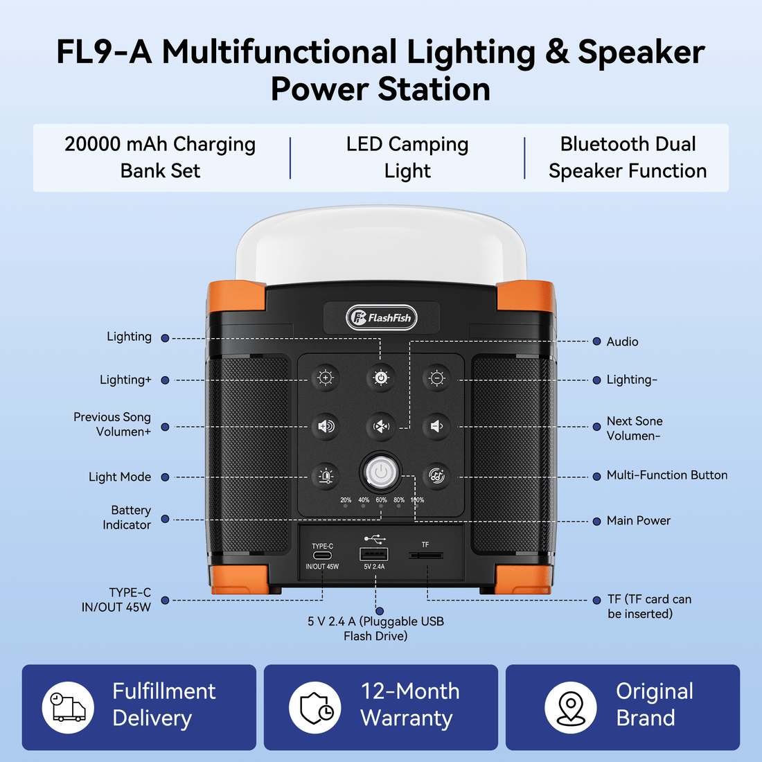 Flashfish FL9-A Multi-function Bluetooth Speaker | 56Wh Power Bank | Camping Light, 360° Surround Sound, USB-C, Bluetooth 5.0, 3-in-1