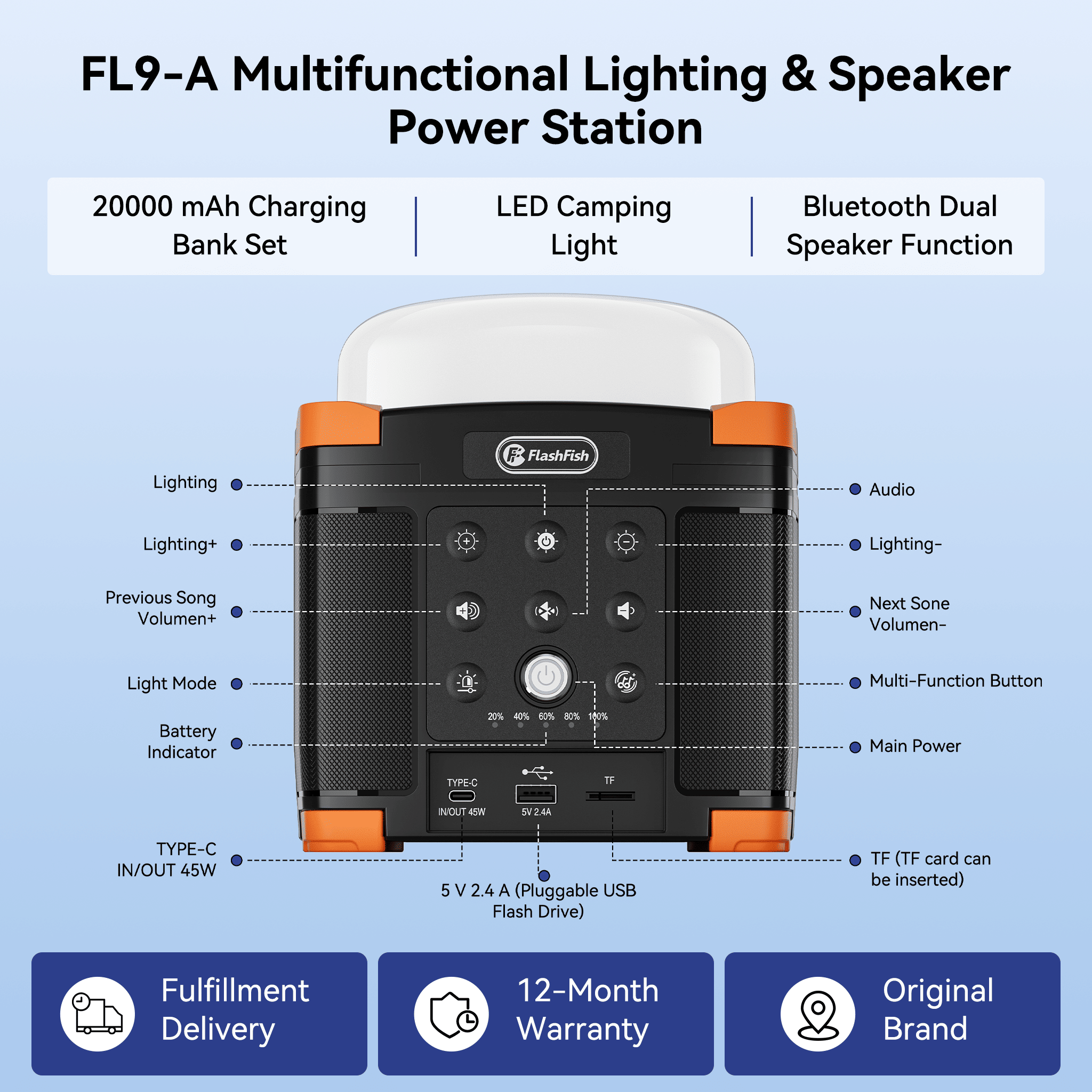 Flashfish FL9-A Multi-function Bluetooth Speaker | 56Wh Power Bank | Camping Light, 360° Surround Sound, USB-C, Bluetooth 5.0, 3-in-1 - product view 2