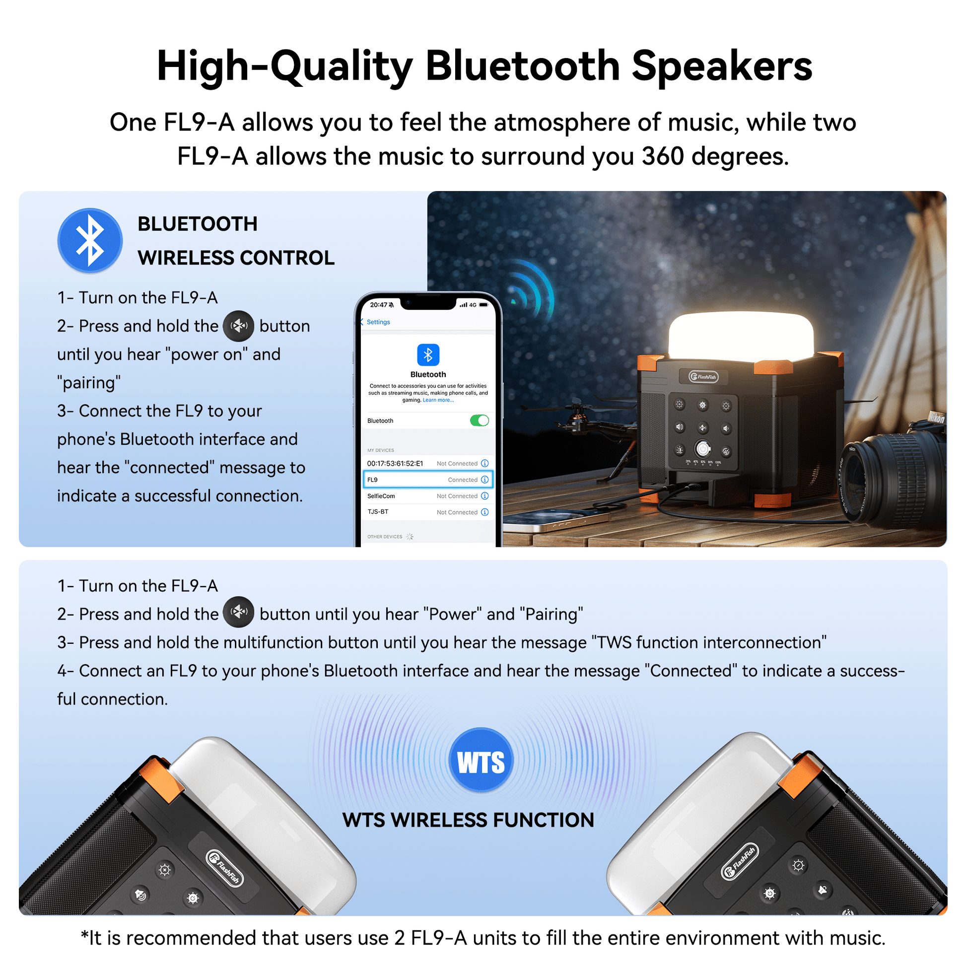 Flashfish FL9-A Multi-function Bluetooth Speaker | 56Wh Power Bank | Camping Light, 360° Surround Sound, USB-C, Bluetooth 5.0, 3-in-1 - product view 3