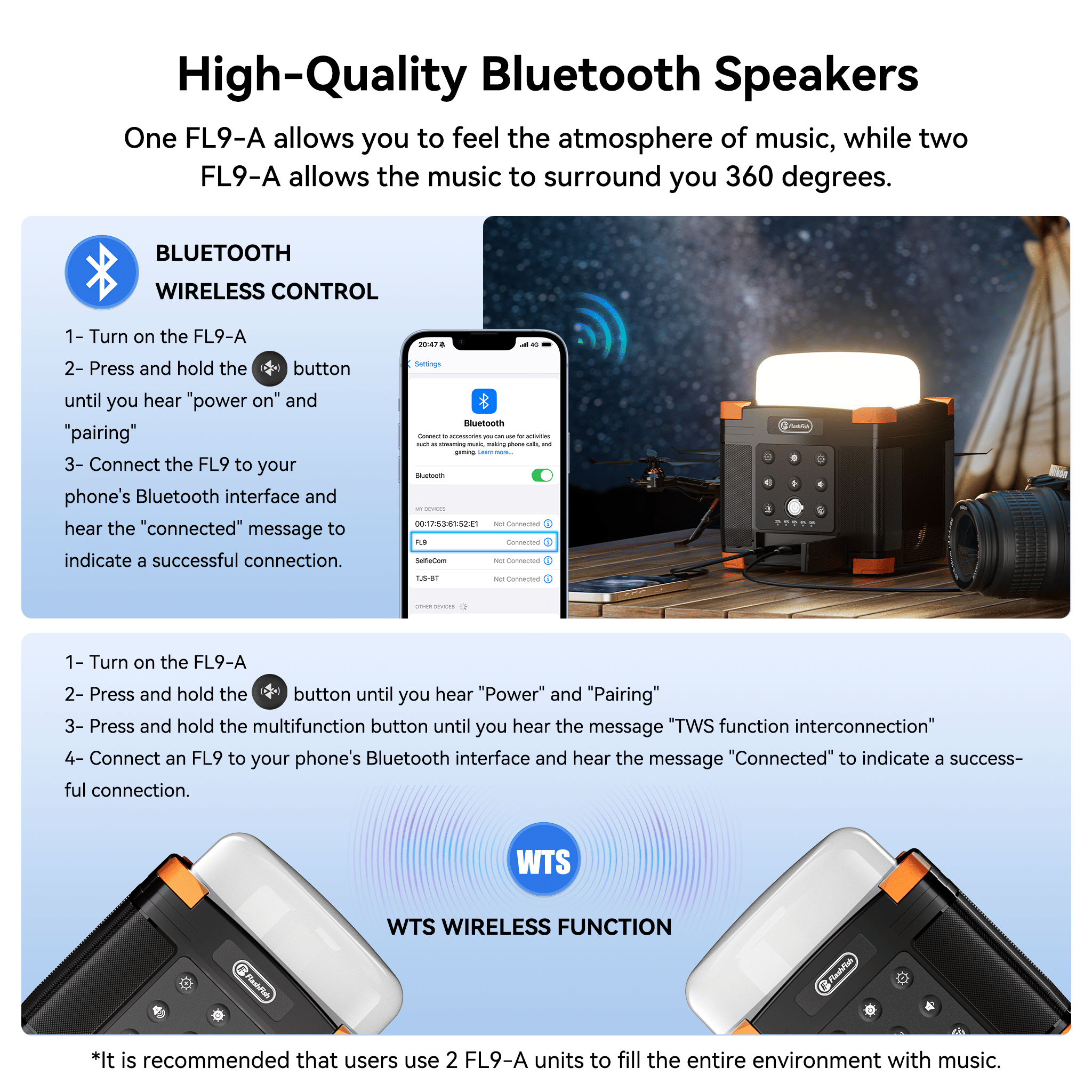 Flashfish FL9-A Multi-function Bluetooth Speaker | 56Wh Power Bank | Camping Light, 360° Surround Sound, USB-C, Bluetooth 5.0, 3-in-1 - product view 3
