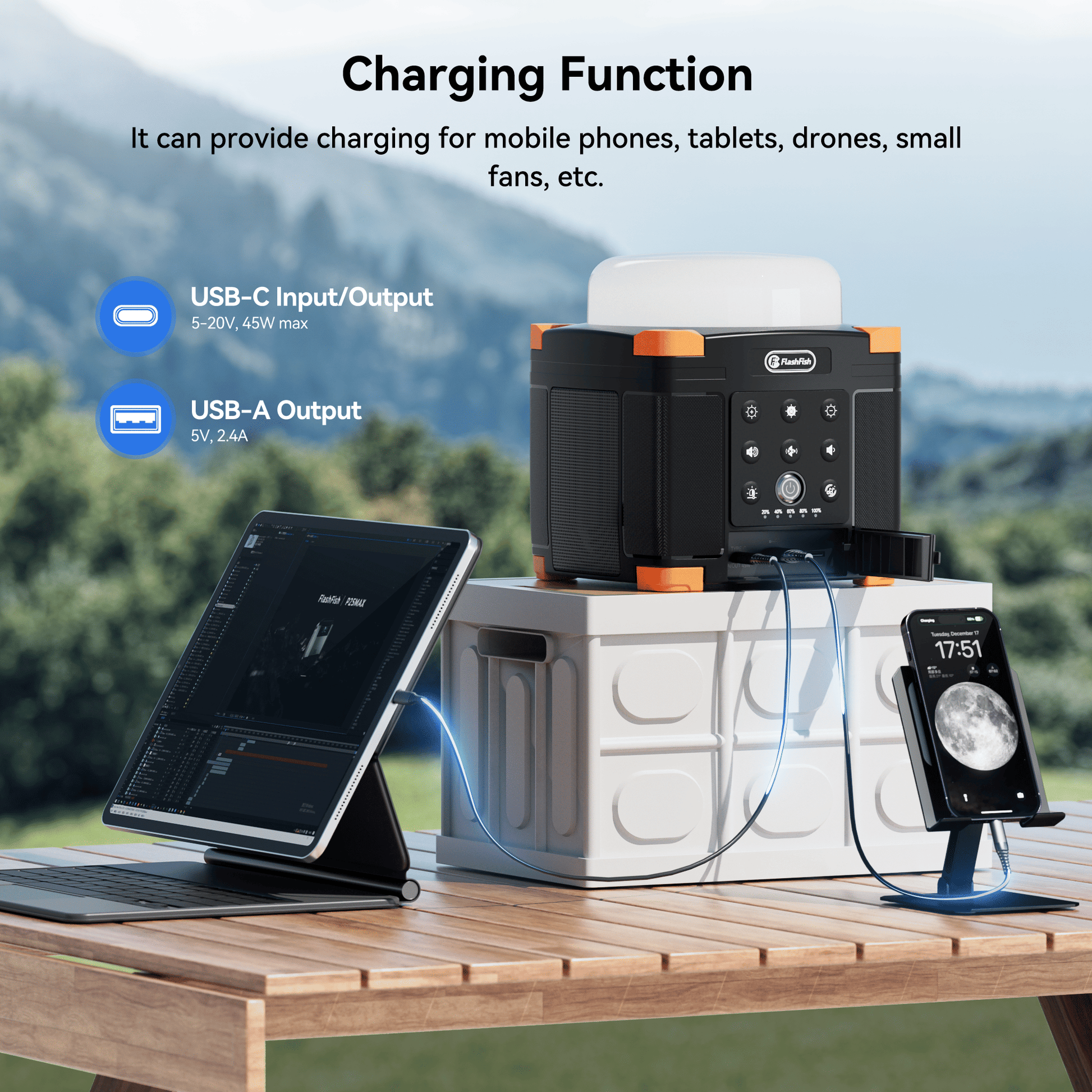 Flashfish FL9-A Multi-function Bluetooth Speaker | 56Wh Power Bank | Camping Light, 360° Surround Sound, USB-C, Bluetooth 5.0, 3-in-1 - product view 4