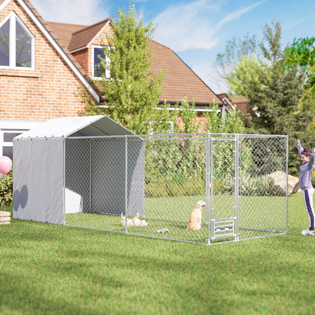 PawHut 19.7 ft Outdoor Dog Kennel with Galvanized Frame and Weather Cover