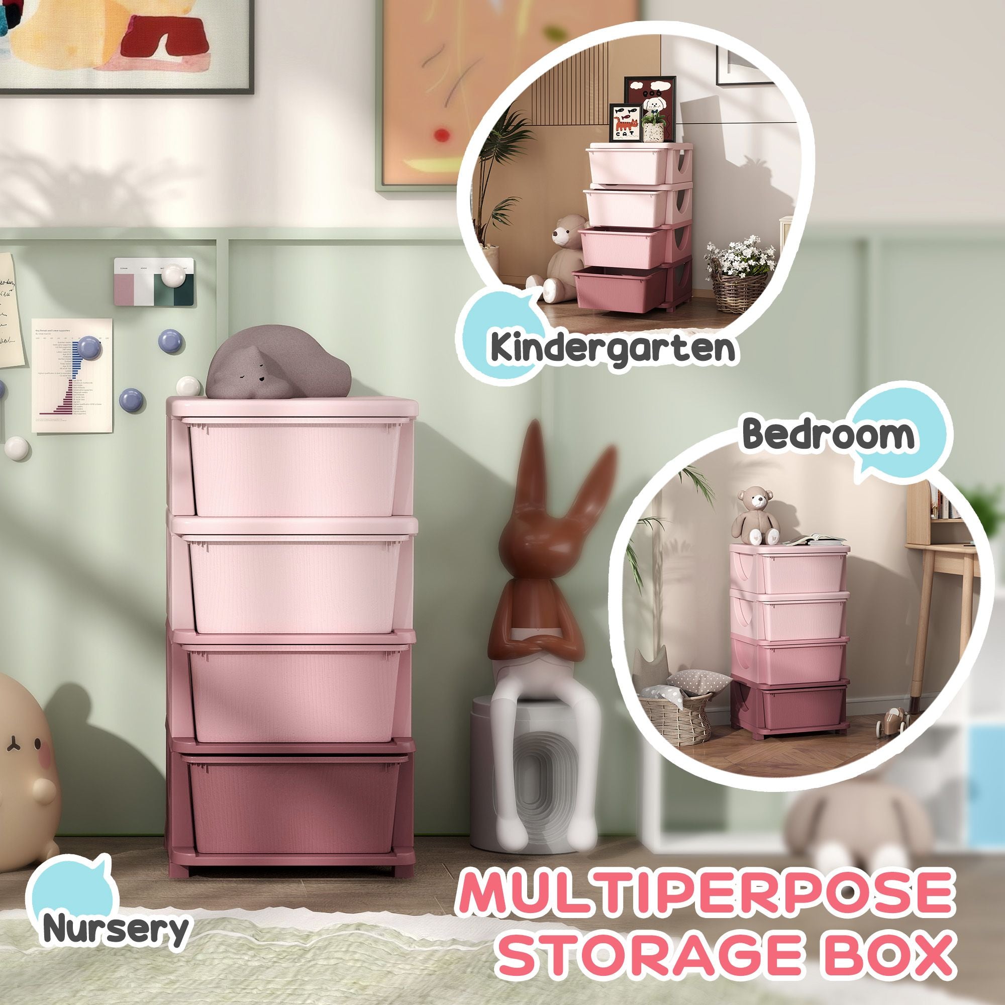Qaba 4-Tier Kids Storage Dresser Tower with 4 Drawers, Pink