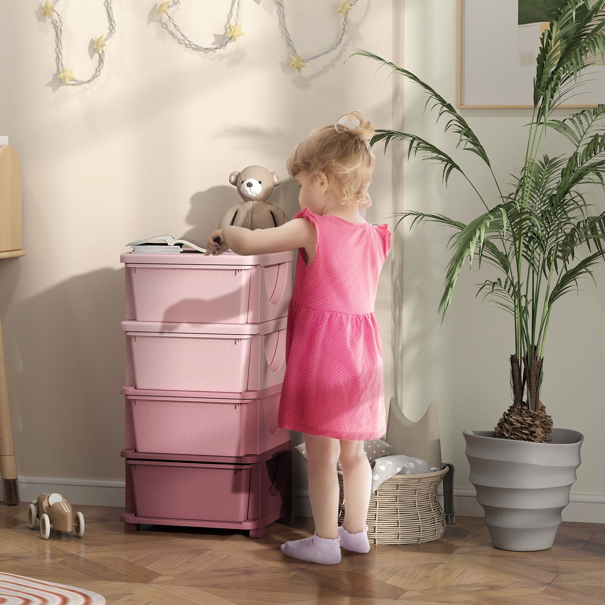 Qaba 4-Tier Kids Storage Dresser Tower with 4 Drawers, Pink