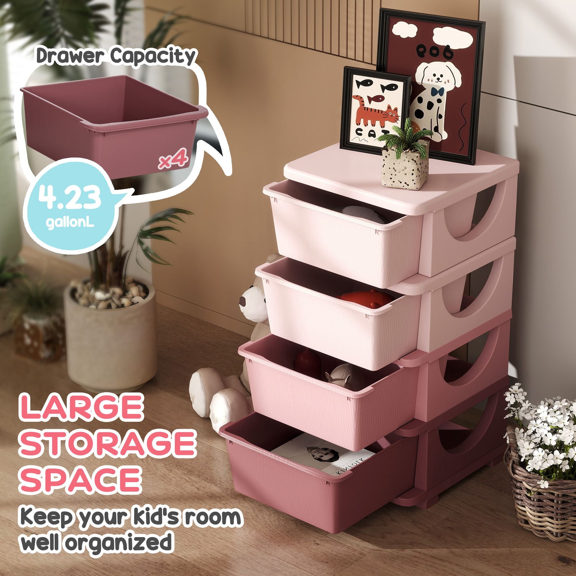 Qaba 4-Tier Kids Storage Dresser Tower with 4 Drawers, Pink
