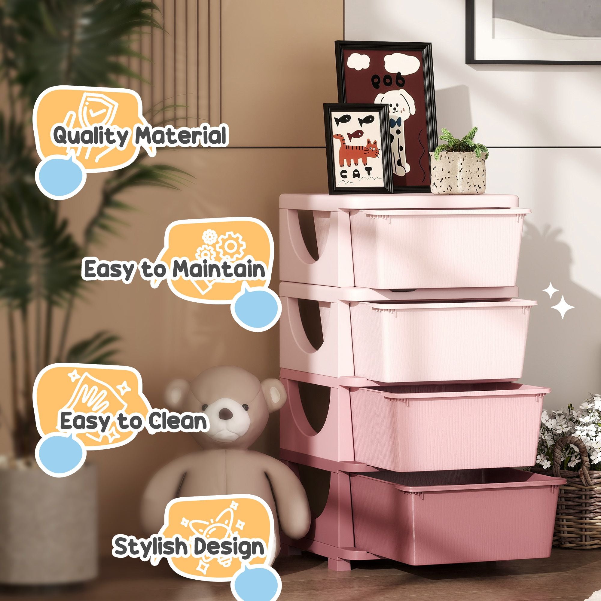 Qaba 4-Tier Kids Storage Dresser Tower with 4 Drawers, Pink