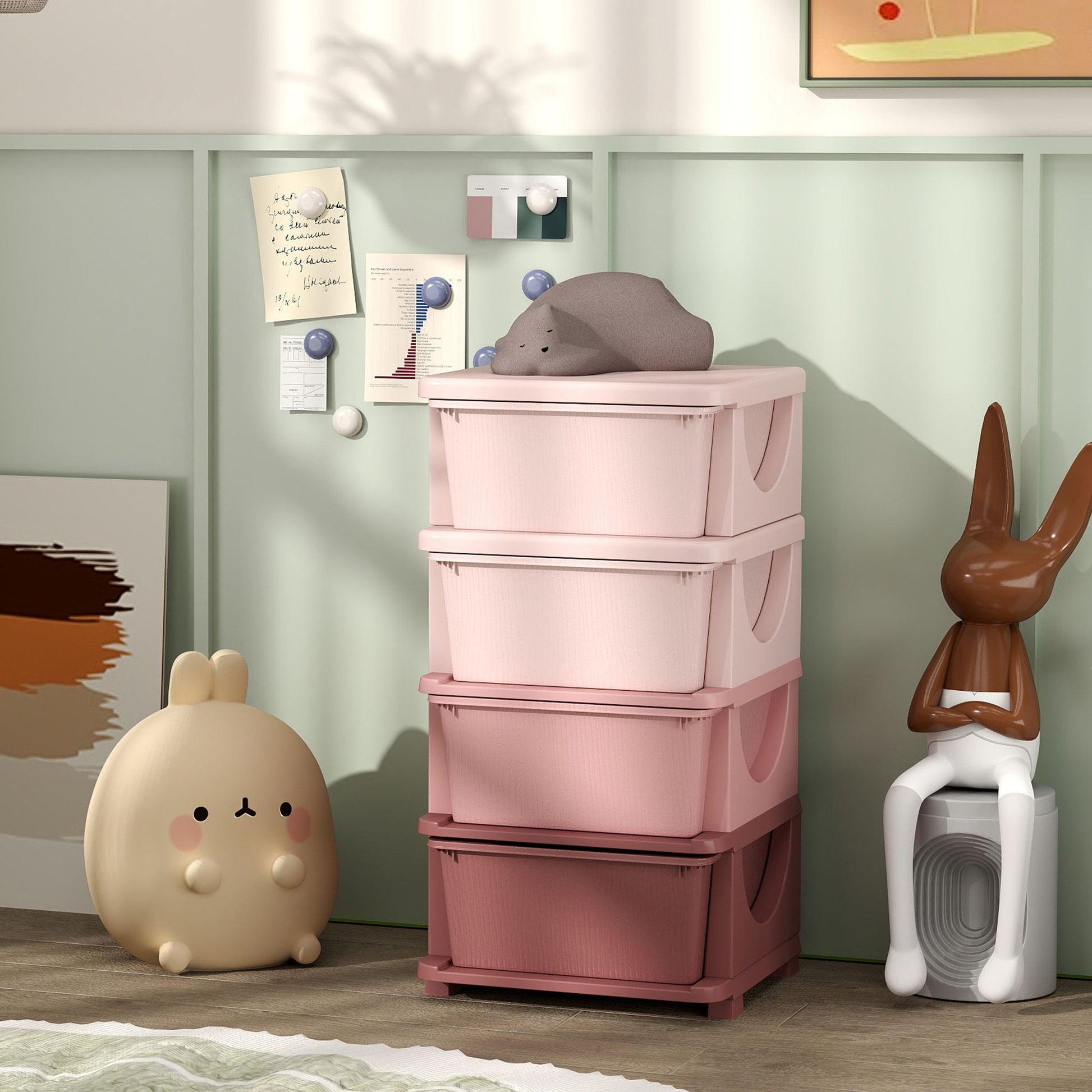 Qaba 4-Tier Kids Storage Dresser Tower with 4 Drawers, Pink