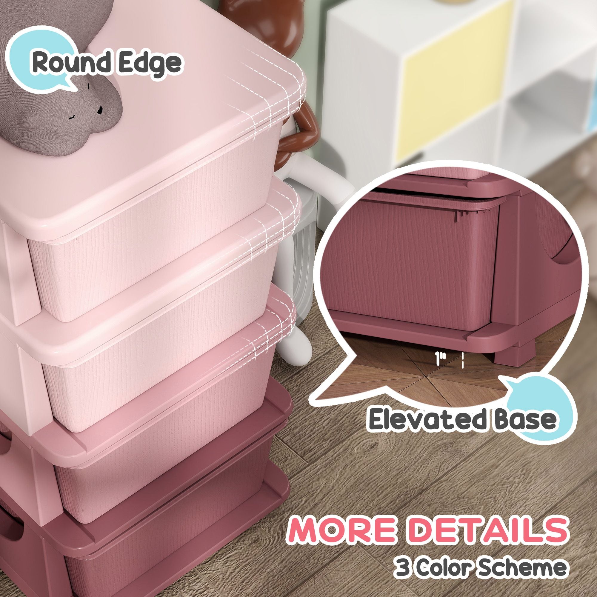 Qaba 4-Tier Kids Storage Dresser Tower with 4 Drawers, Pink