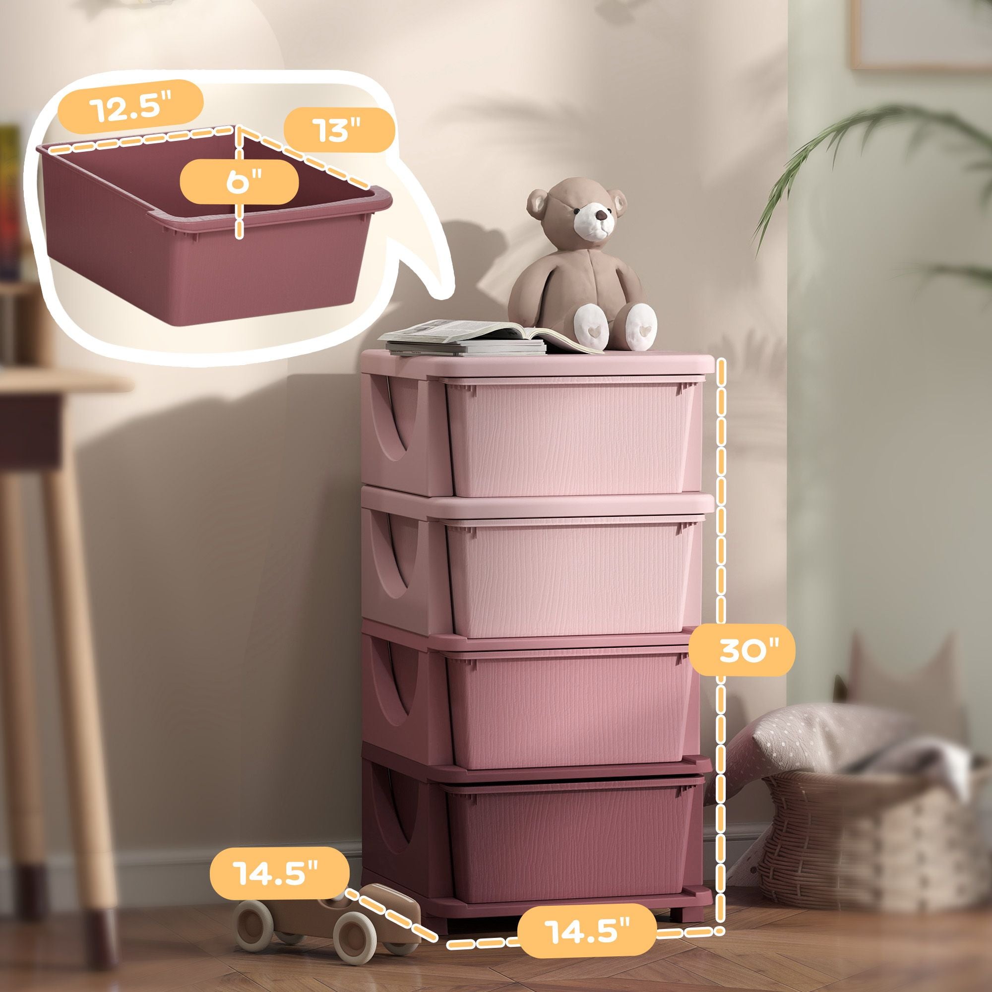 Qaba 4-Tier Kids Storage Dresser Tower with 4 Drawers, Pink