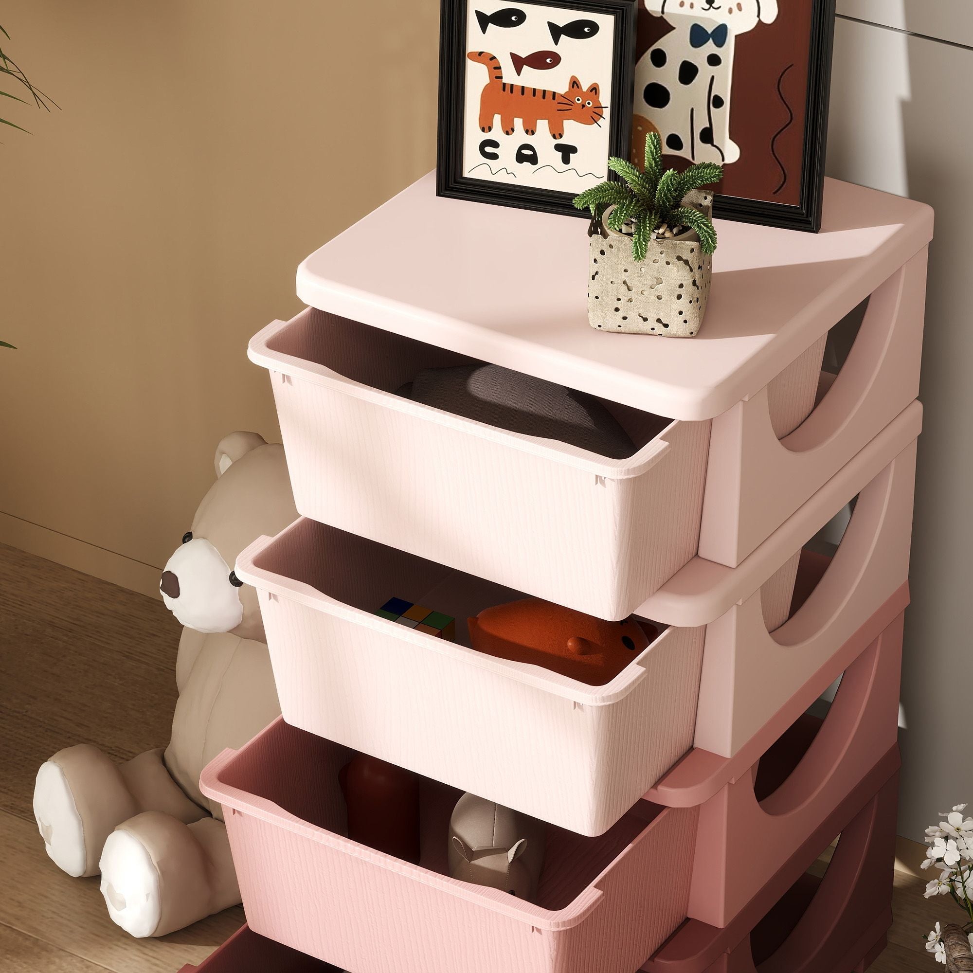 Qaba 4-Tier Kids Storage Dresser Tower with 4 Drawers, Pink