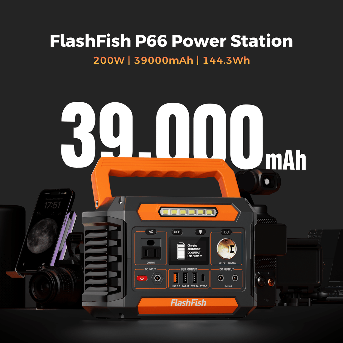 Flashfish P66A 200W Solar Generator, Portable Power Station Battery Pack with AC/USB/DC Output, 144.3Wh Capacity Comes with Multiple Adapters for