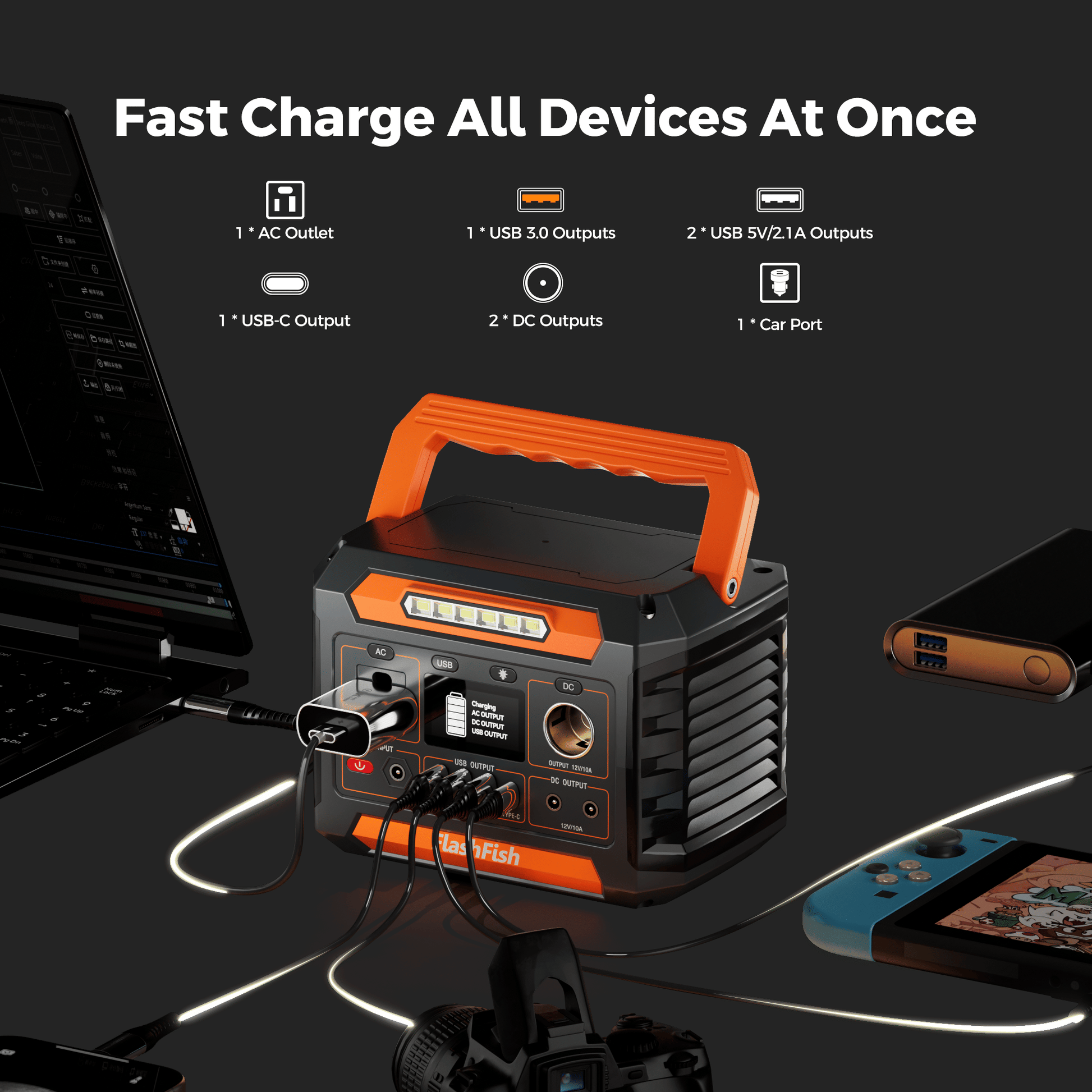 Flashfish P66A 200W Solar Generator, Portable Power Station Battery Pack with AC/USB/DC Output, 144.3Wh Capacity Comes with Multiple Adapters for - product view 3