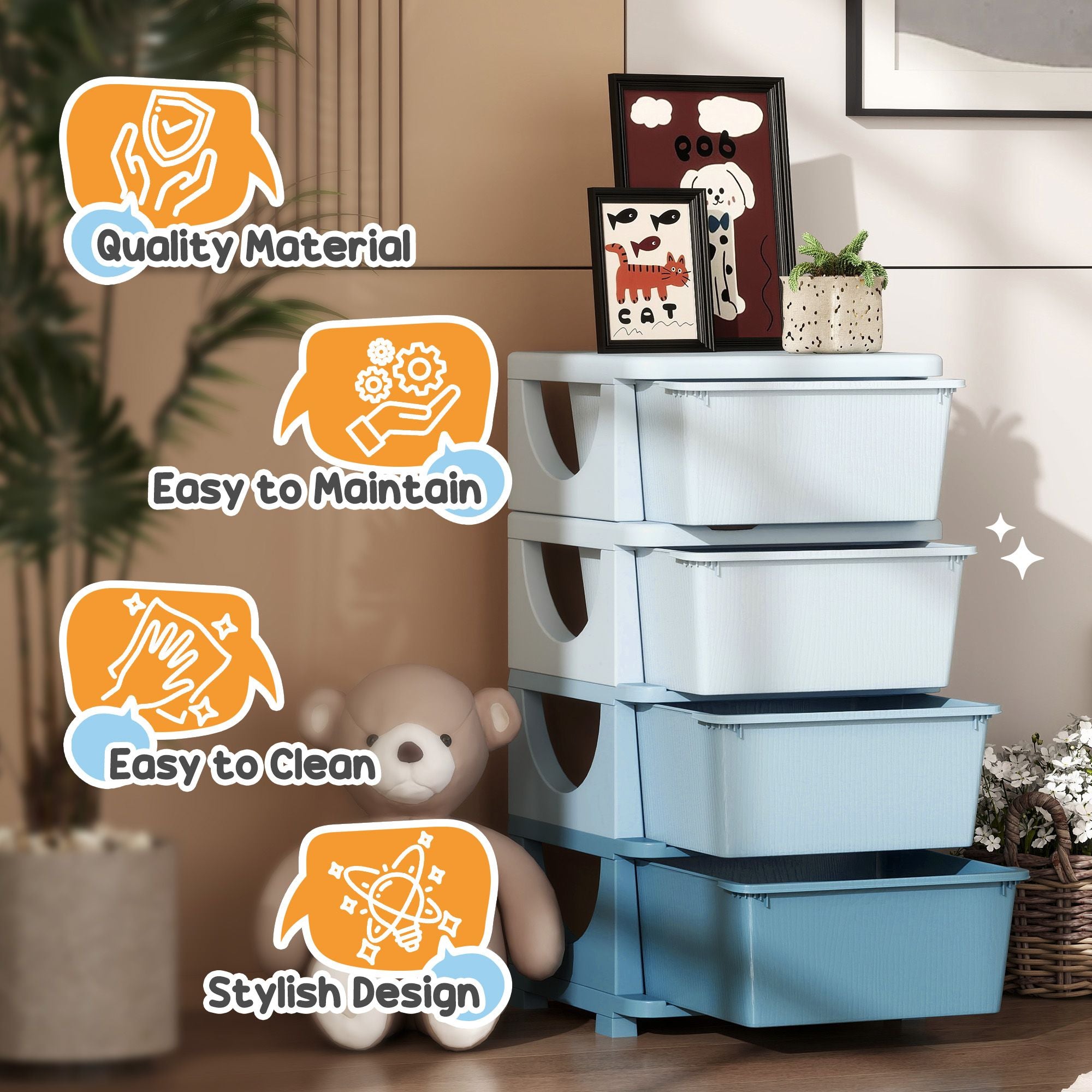 Qaba 4-Tier Kids Storage Dresser with 4 Drawers, Blue