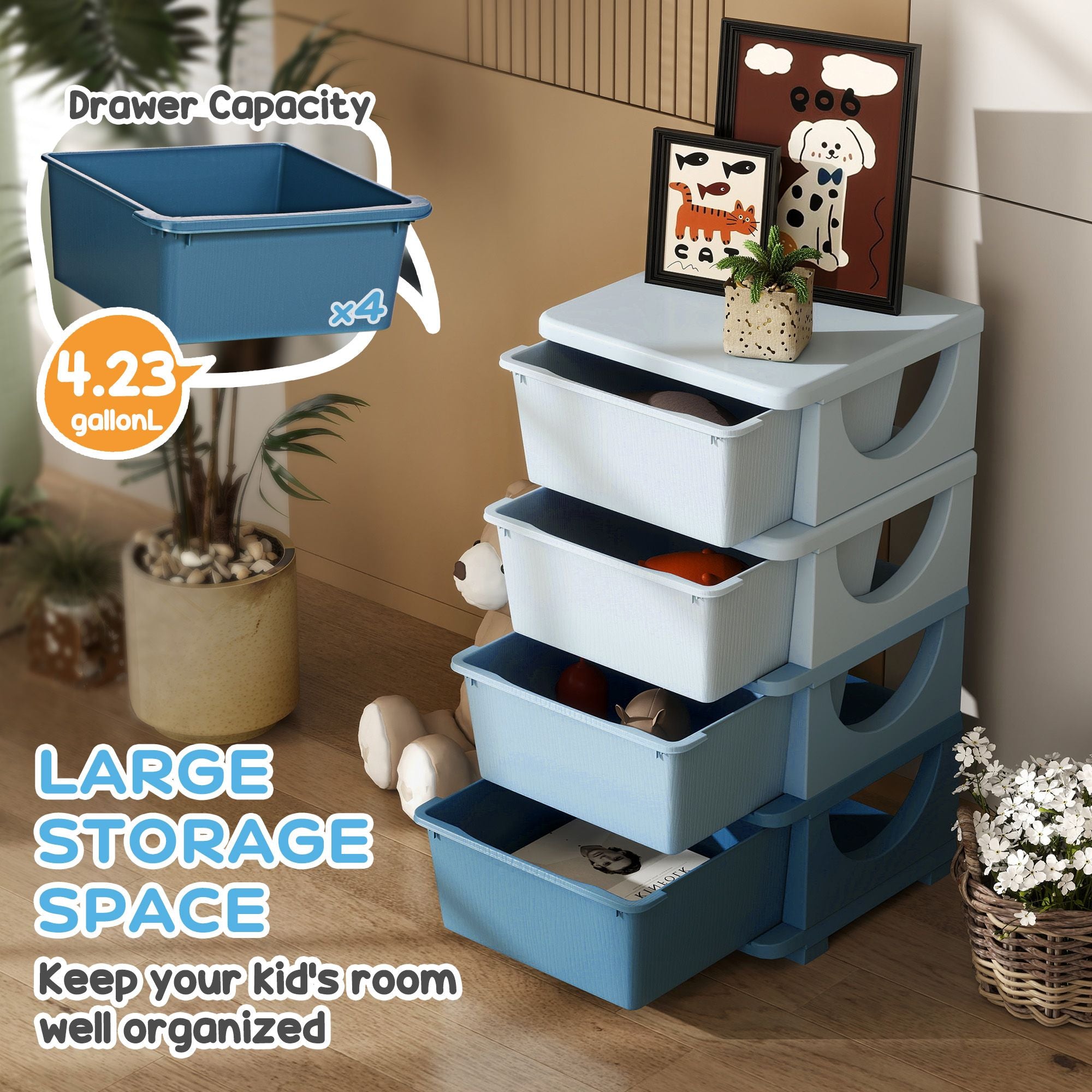 Qaba 4-Tier Kids Storage Dresser with 4 Drawers, Blue