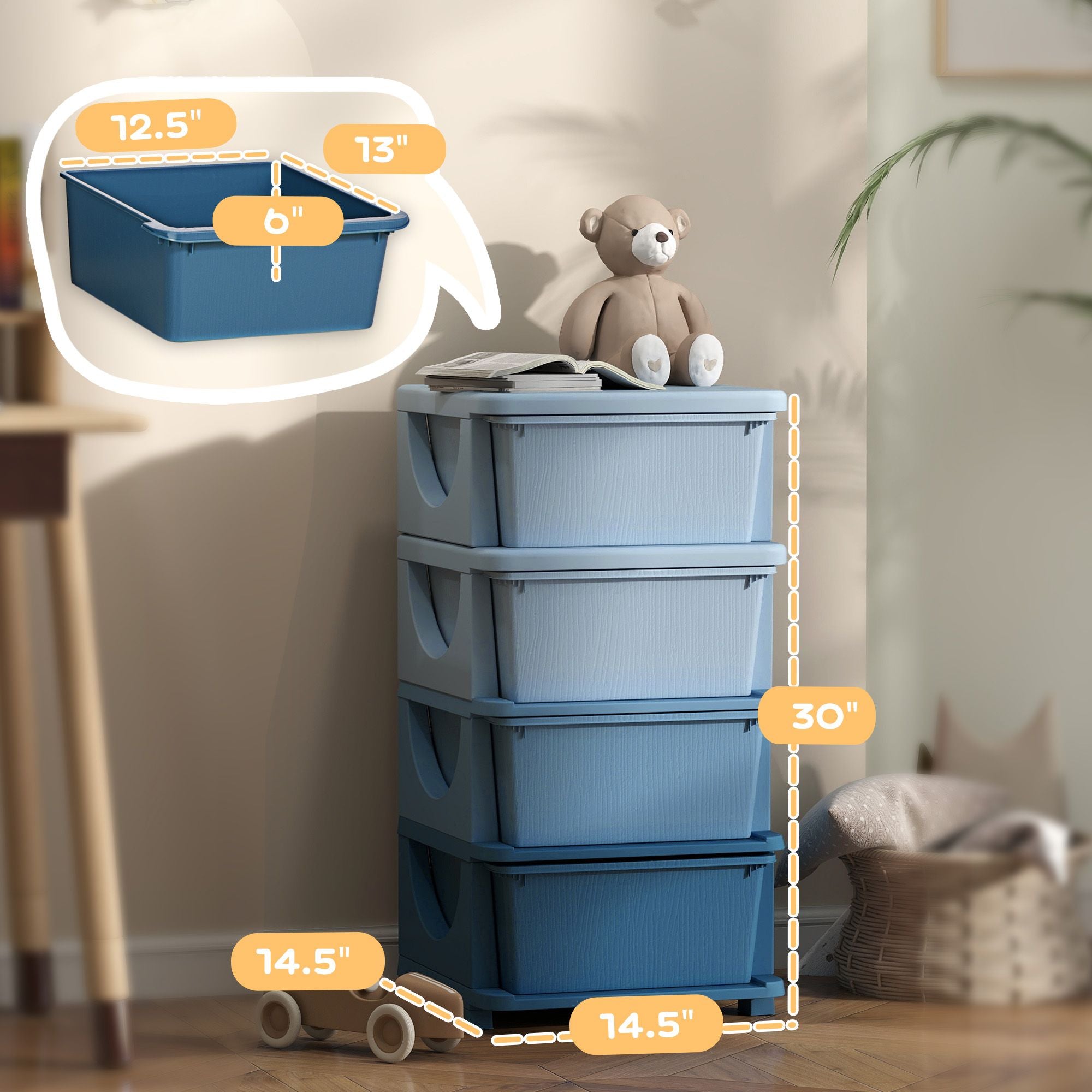 Qaba 4-Tier Kids Storage Dresser with 4 Drawers, Blue