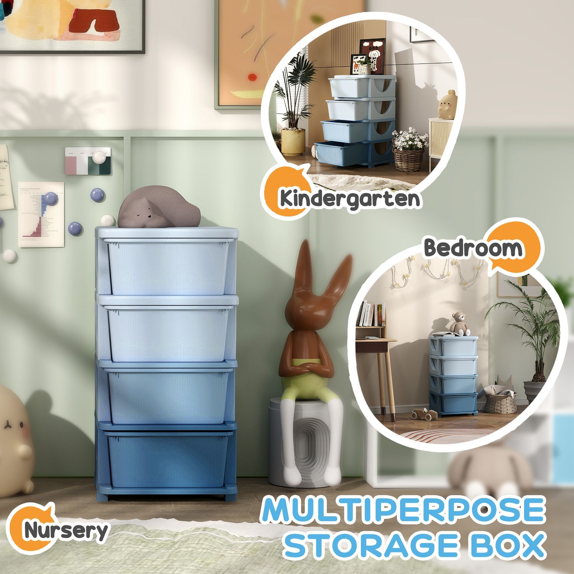 Qaba 4-Tier Kids Storage Dresser with 4 Drawers, Blue