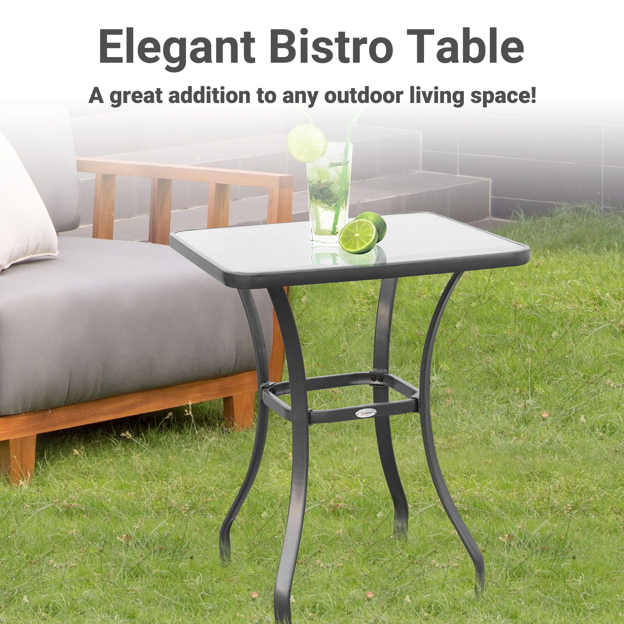 Outsunny Square Glass-Top Outdoor Bistro Table, Black