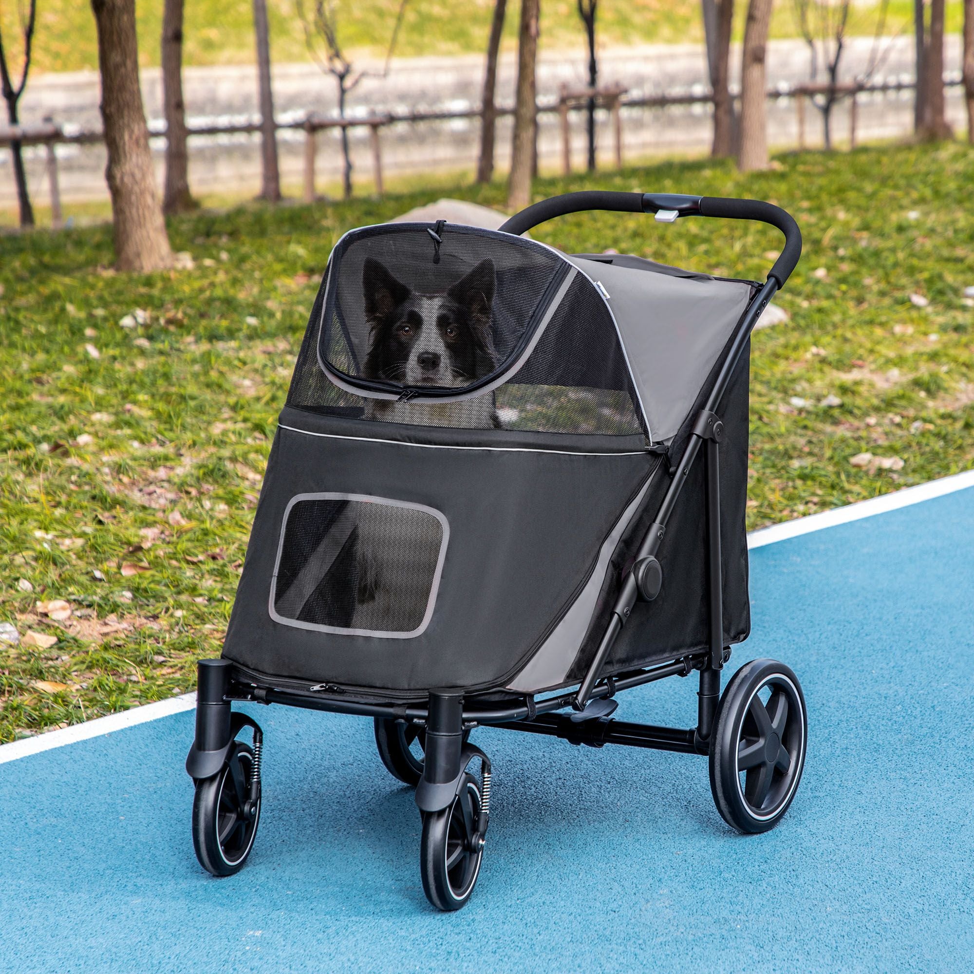 PawHut One-Click Fold Pet Stroller with Shock Absorbers and Storage, Gray - product view 10