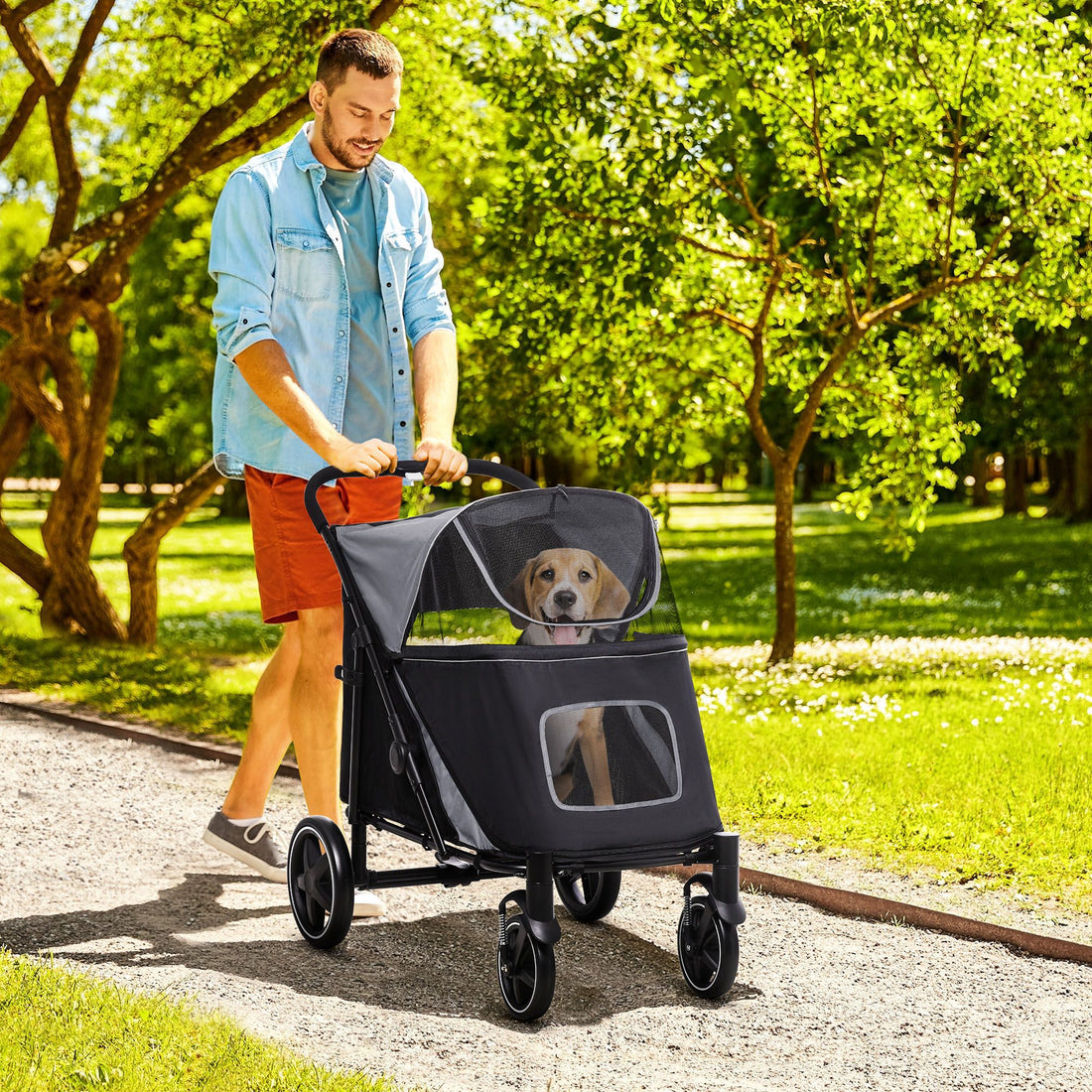 PawHut One-Click Fold Pet Stroller with Shock Absorbers and Storage, Gray