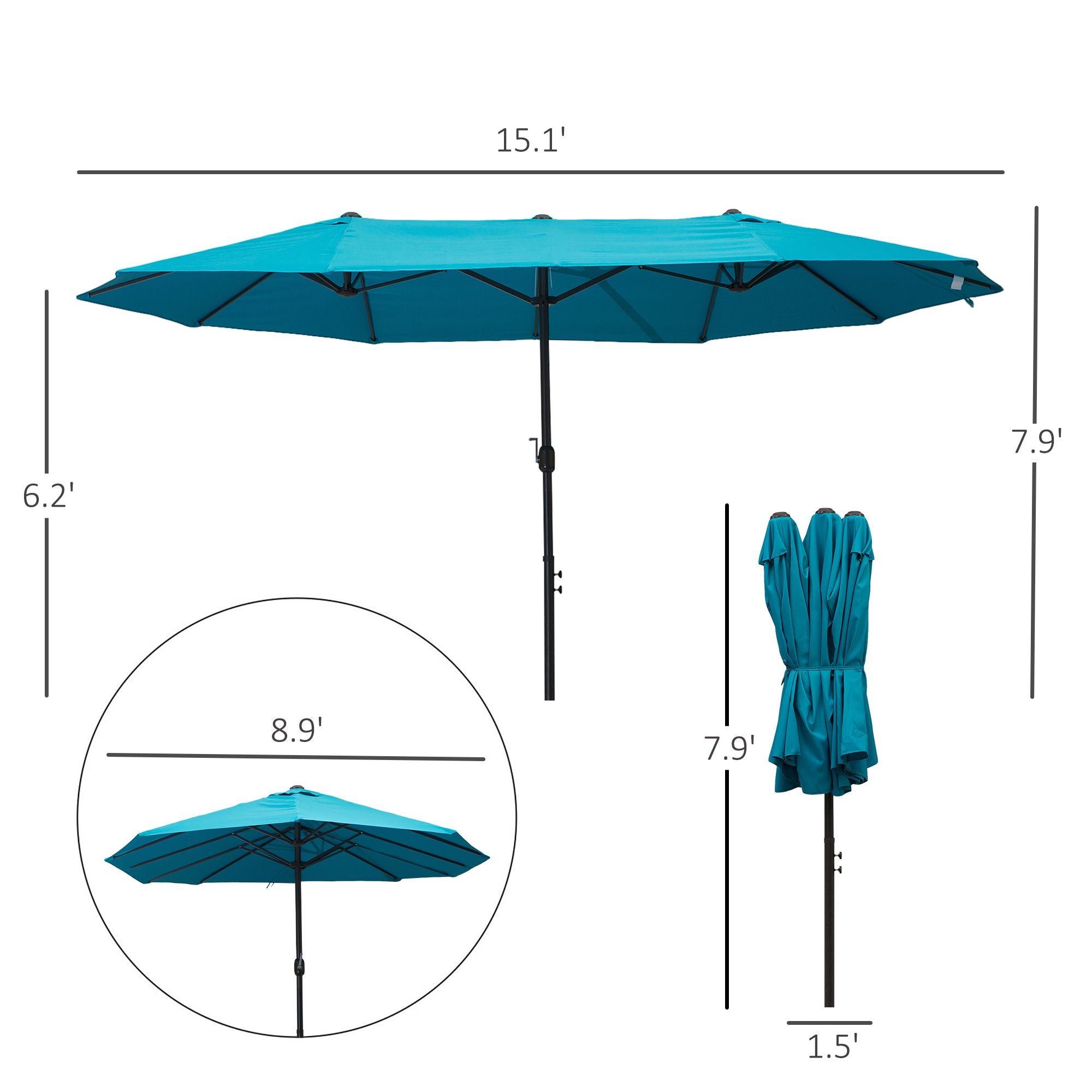 Outsunny 15 ft Rectangular Double-Canopy Patio Umbrella with Base, Blue