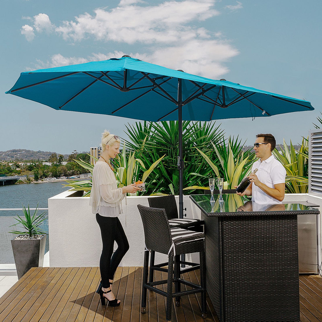Outsunny 15 ft Rectangular Double-Canopy Patio Umbrella with Base, Blue