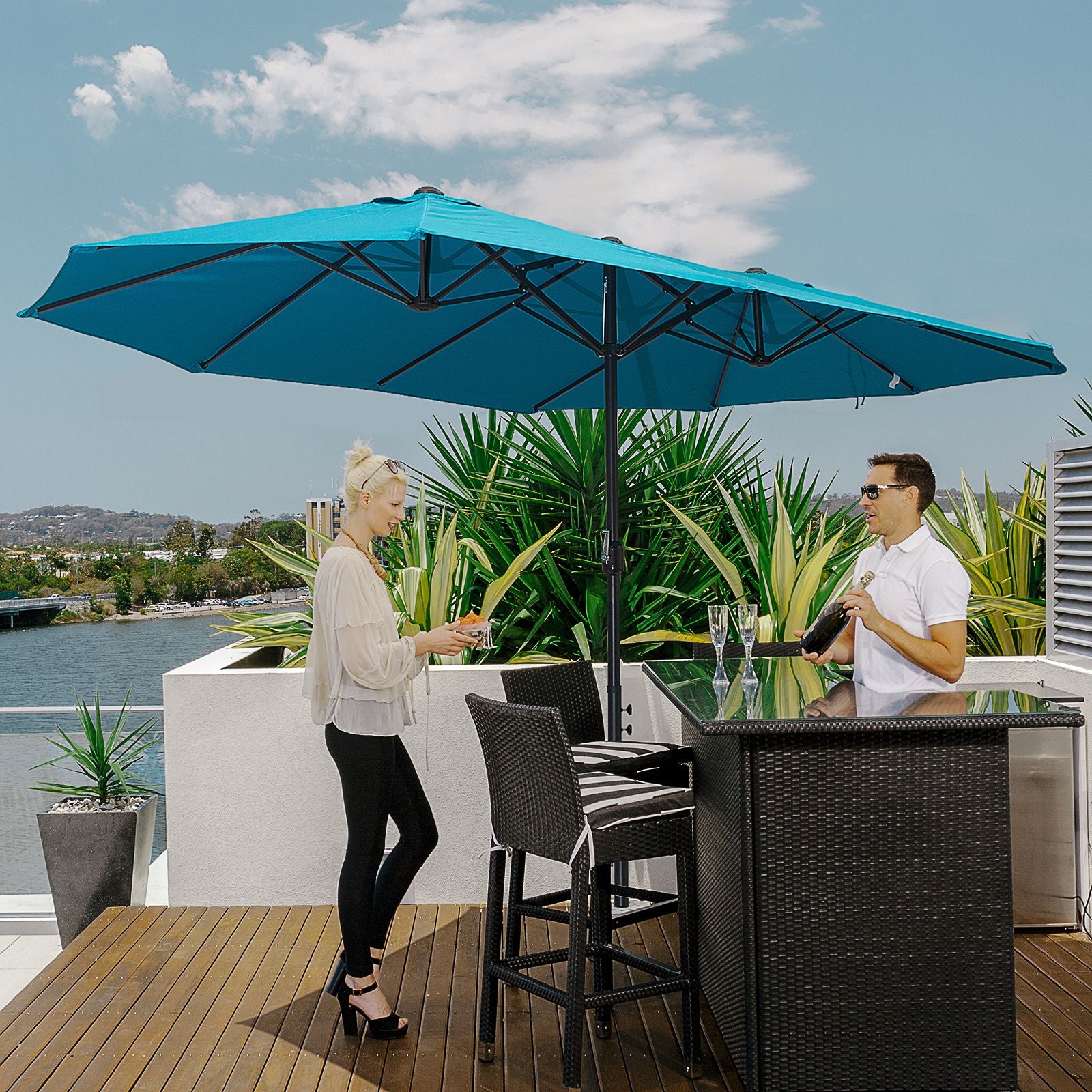 Outsunny 15 ft Rectangular Double-Canopy Patio Umbrella with Base, Blue