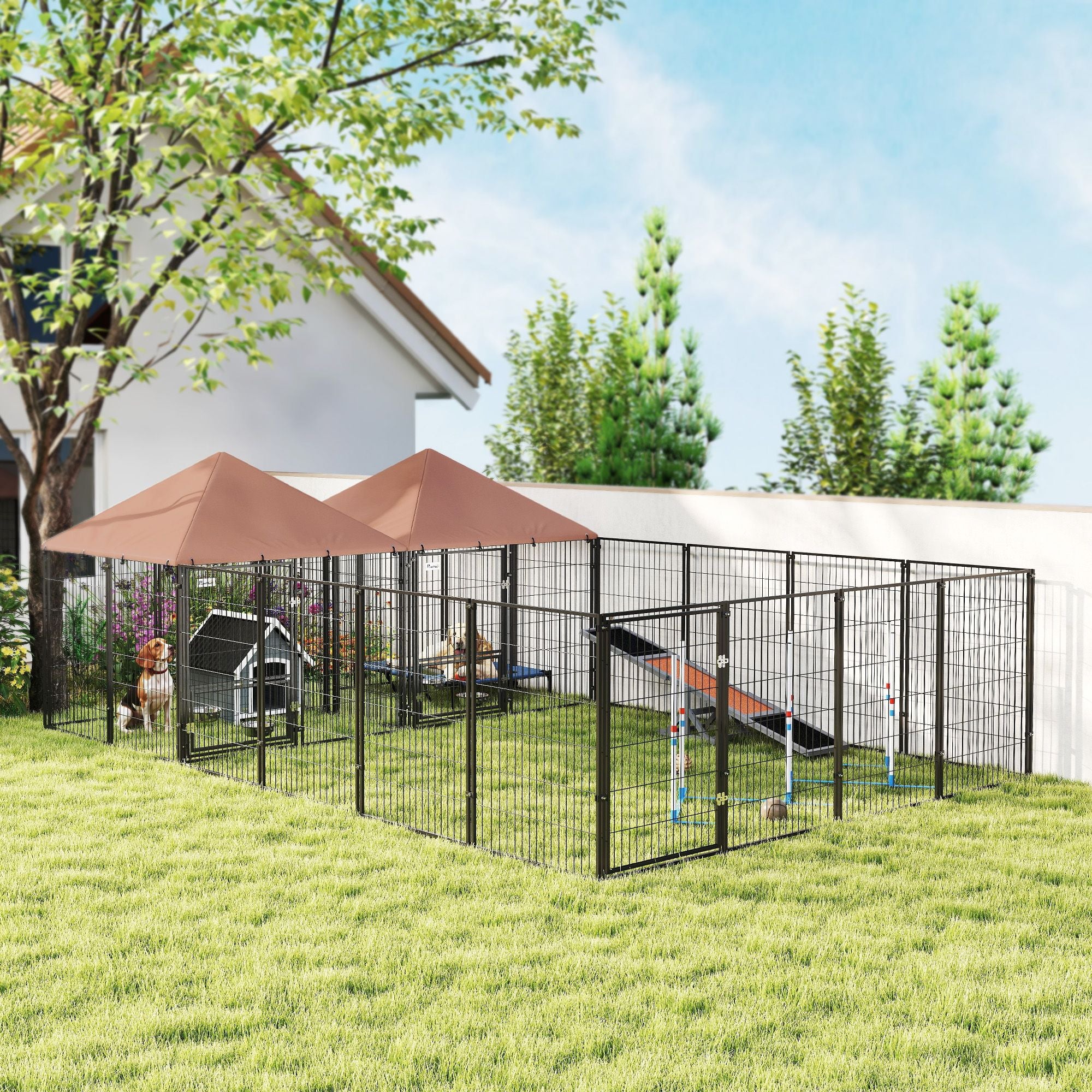 PawHut 2-Room Outdoor Dog Kennel with Adjustable Feeding Bowls