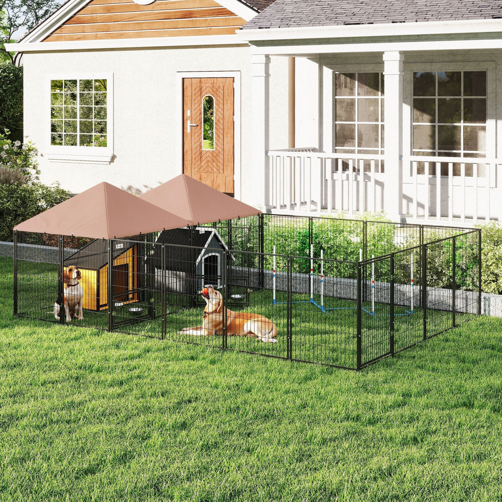 PawHut 2-Room Outdoor Dog Kennel with Adjustable Feeding Bowls
