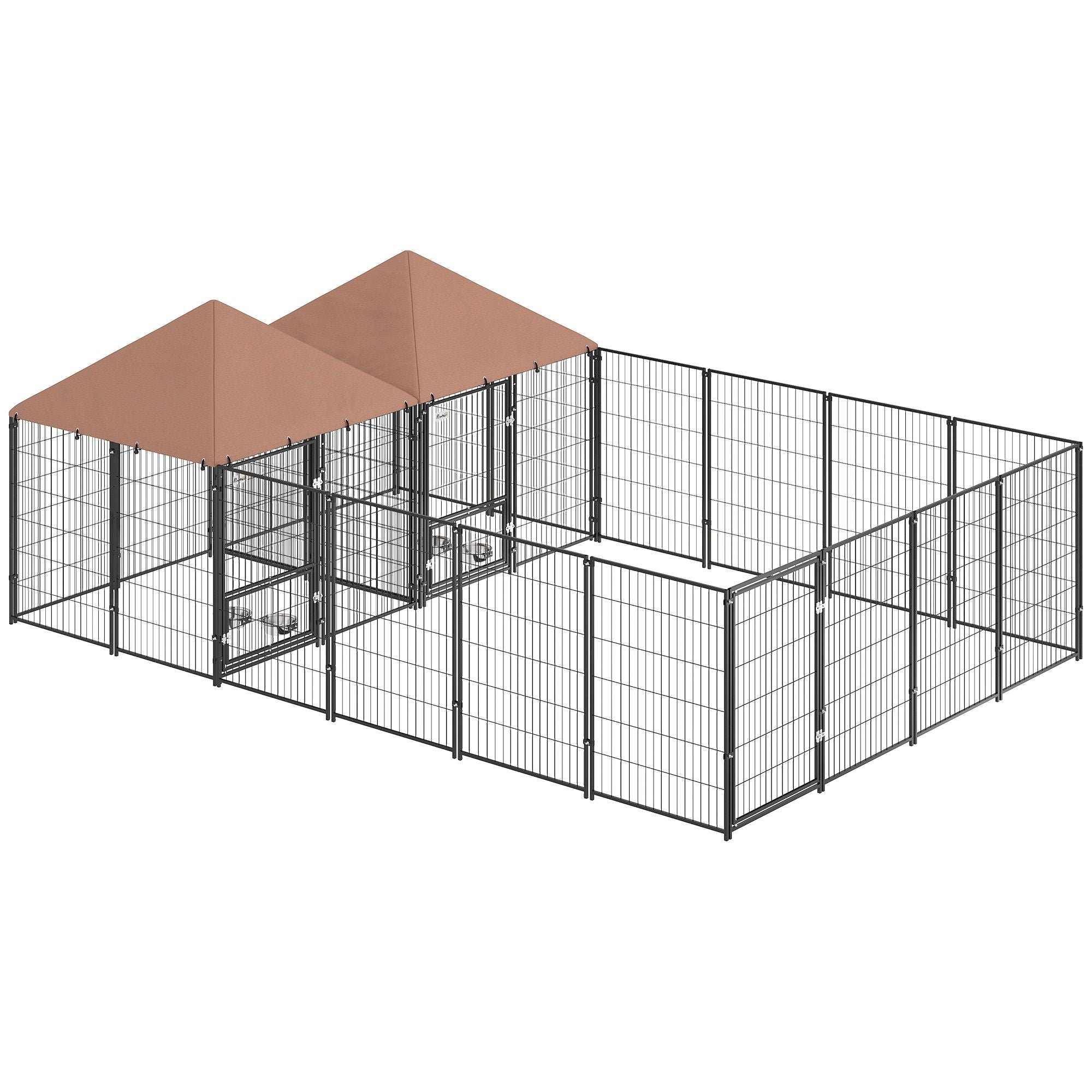 PawHut 2-Room Outdoor Dog Kennel with Adjustable Feeding Bowls