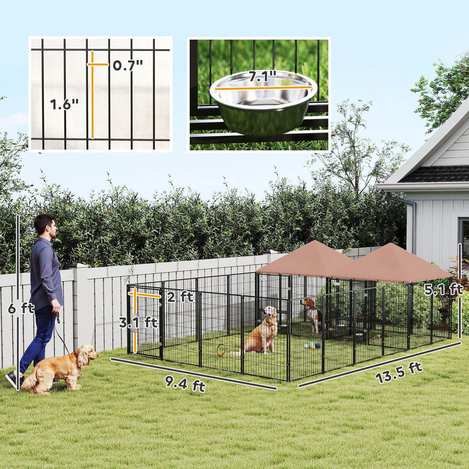 PawHut 2-Room Outdoor Dog Kennel with Adjustable Feeding Bowls