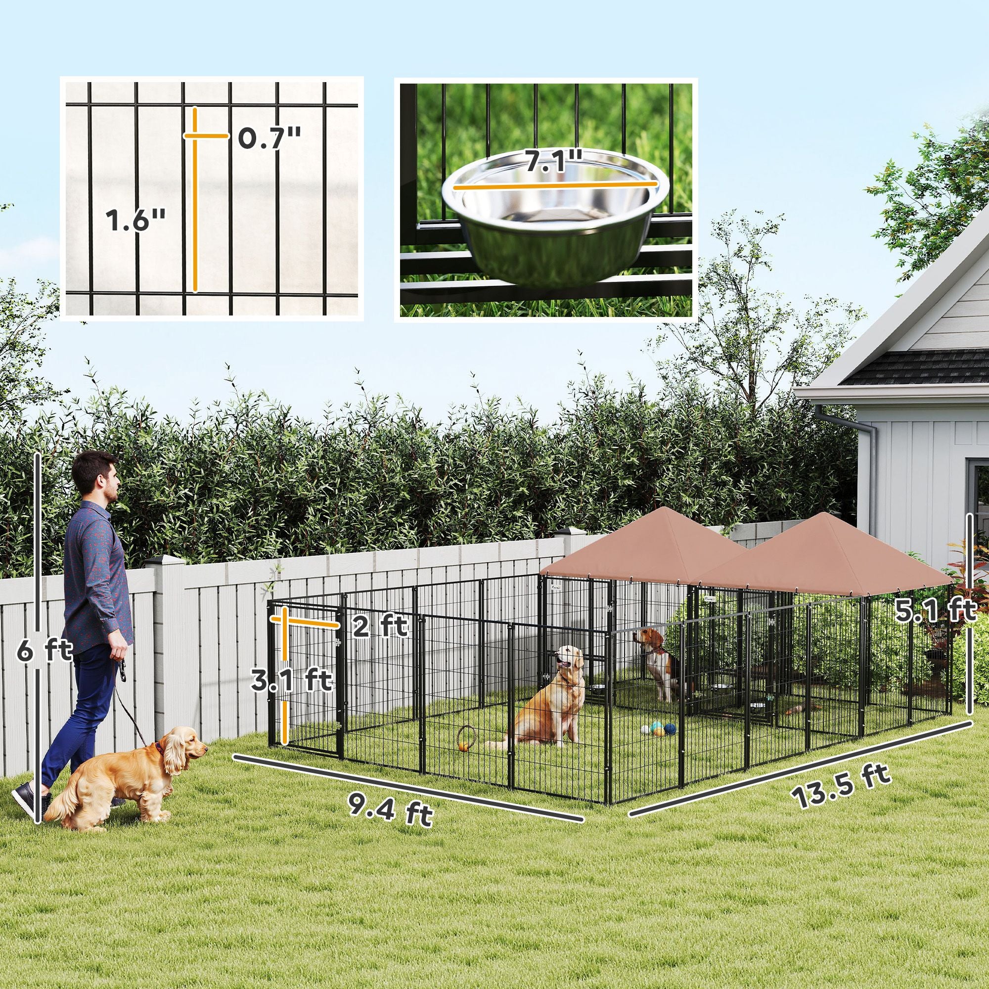 PawHut 2-Room Outdoor Dog Kennel with Adjustable Feeding Bowls