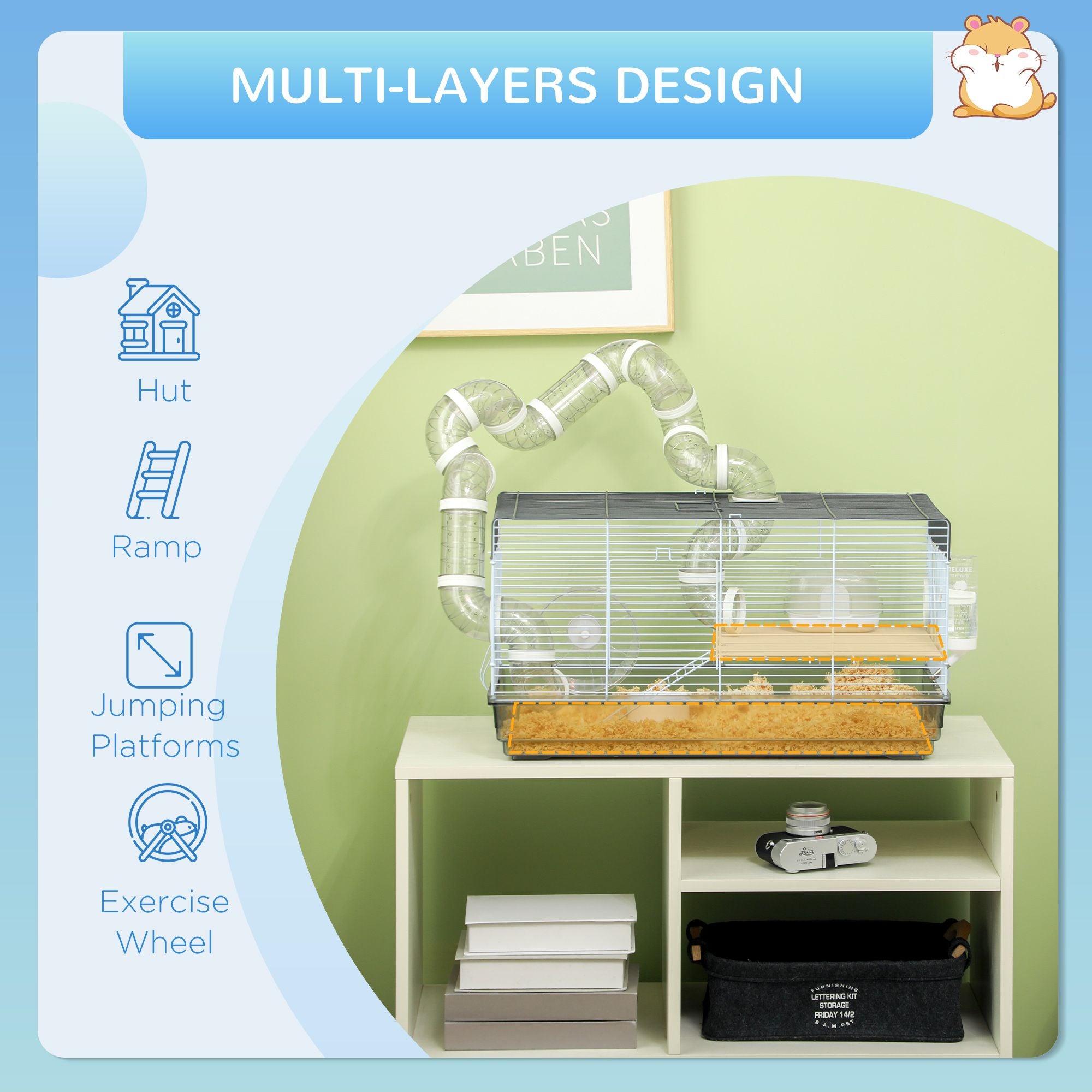 PawHut Compact Gerbil and Dwarf Hamster Cage with Tubes, Gray