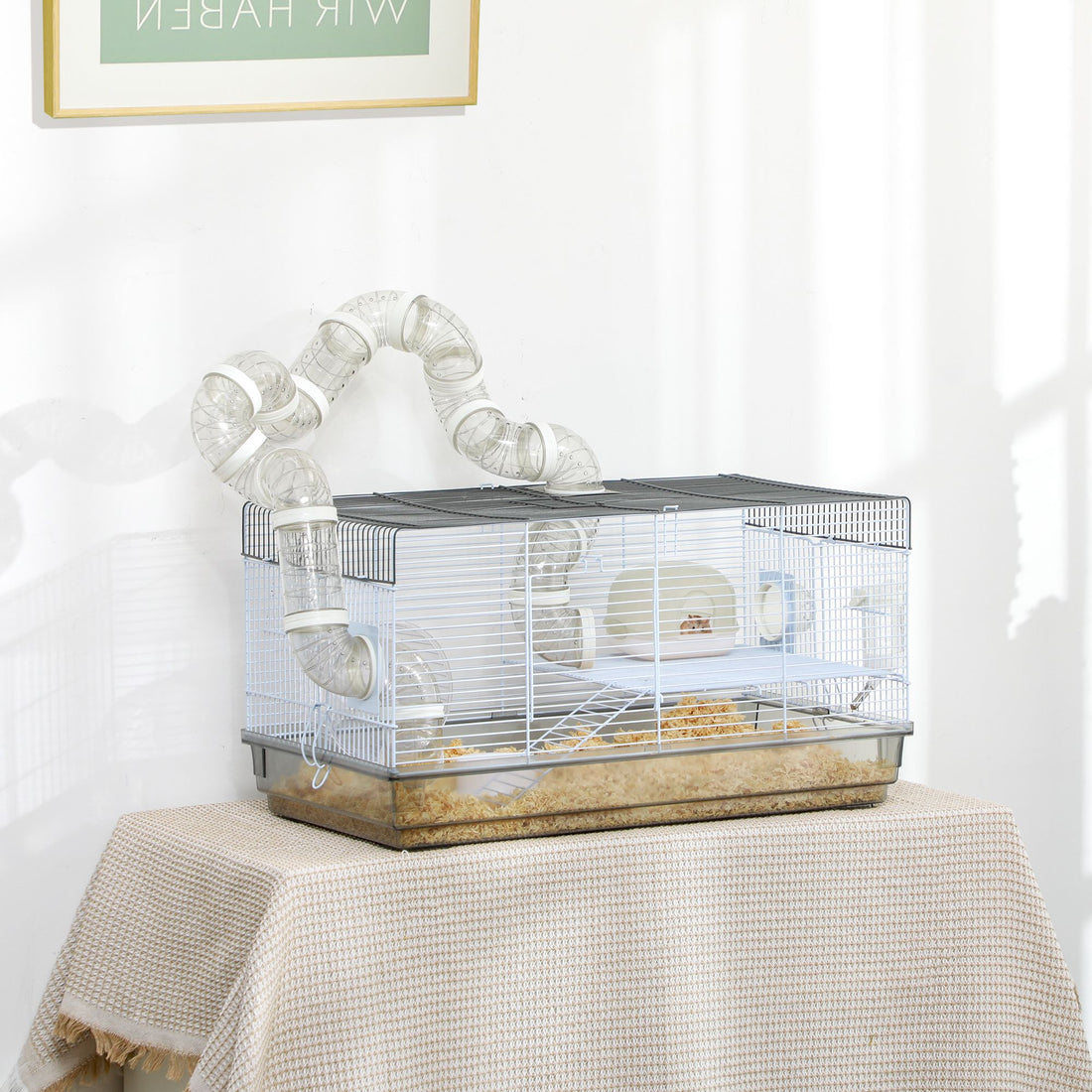 PawHut Compact Gerbil and Dwarf Hamster Cage with Tubes, Gray