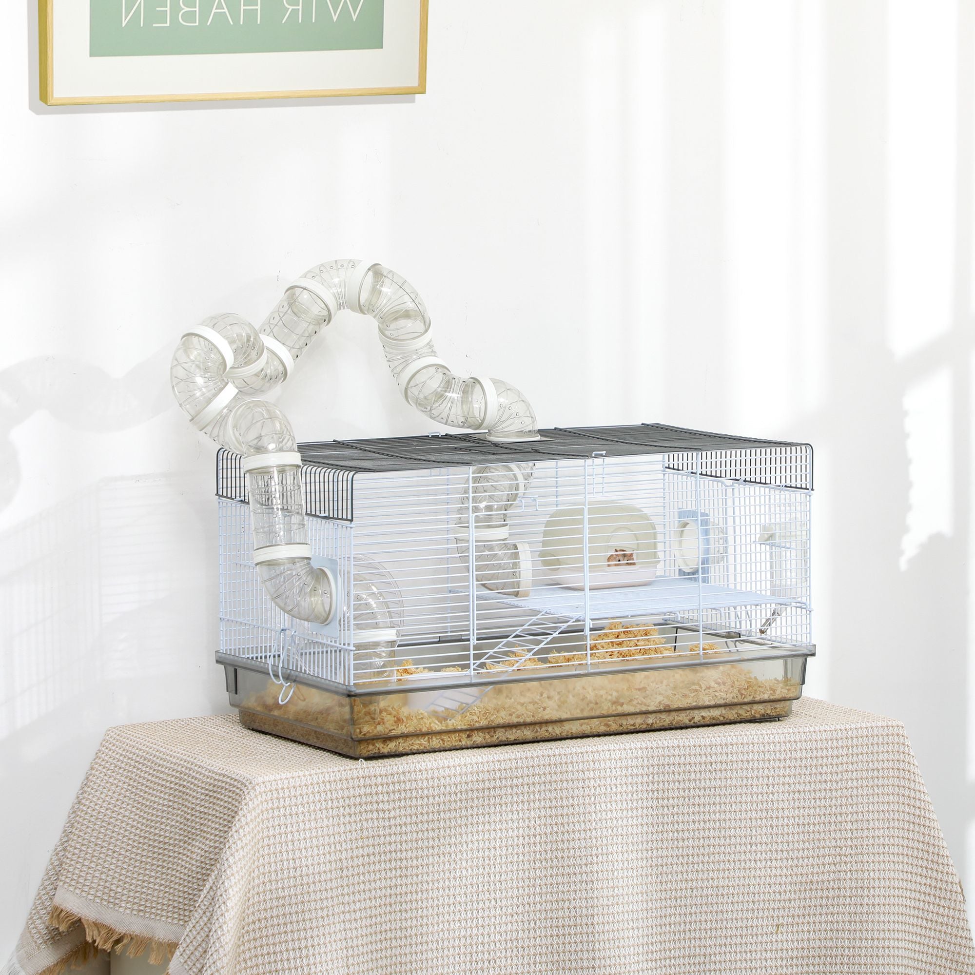 PawHut Compact Gerbil and Dwarf Hamster Cage with Tubes, Gray