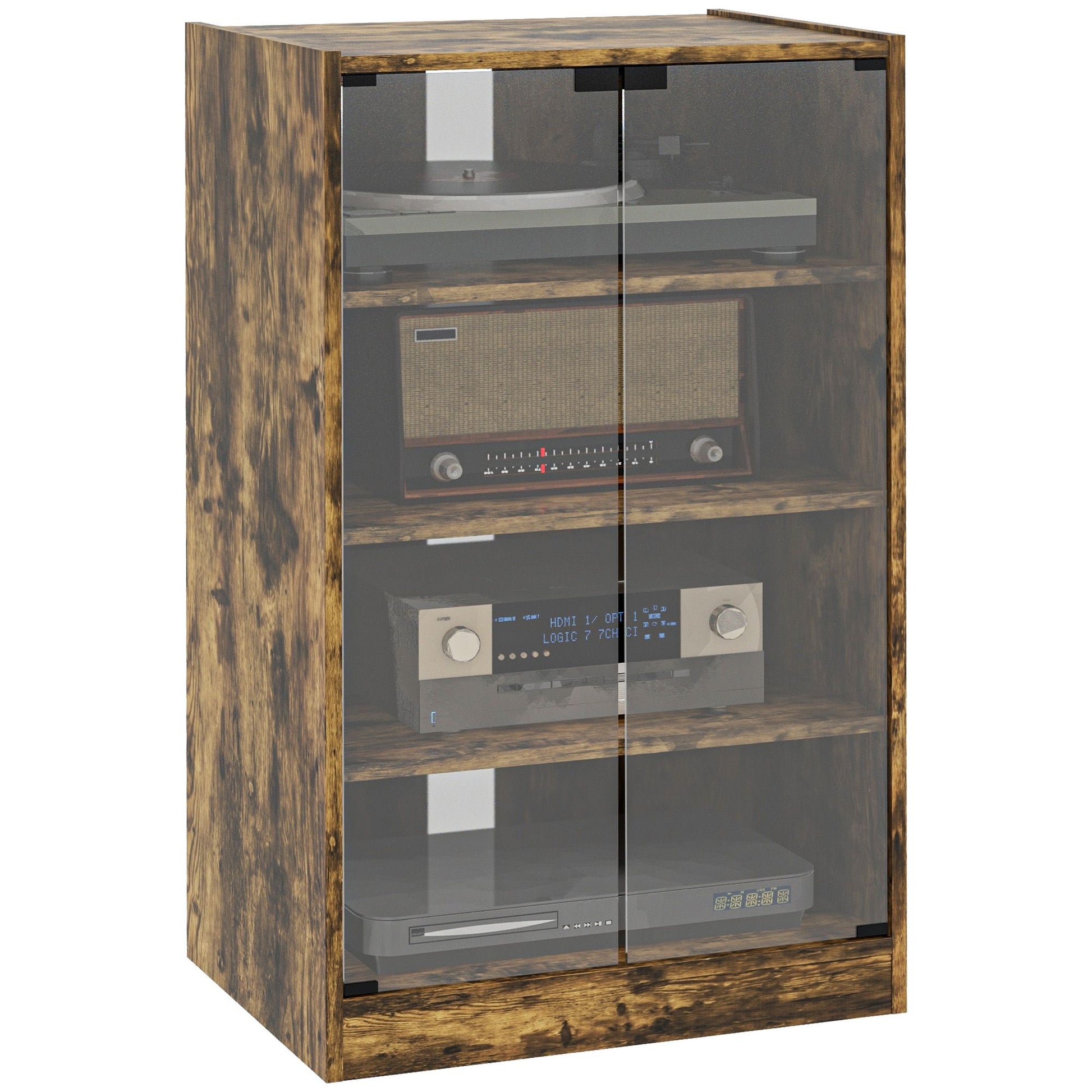 HOMCOM 5-Tier Media Cabinet with Glass Doors, Rustic Brown